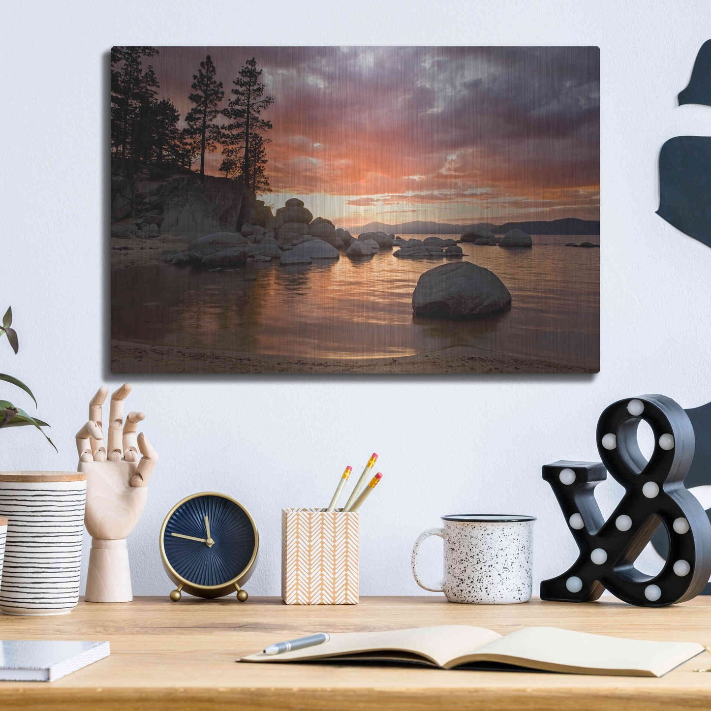 Luxe Metal Art 'Sand Harbor Sunset' by Mike Jones, Metal Wall Art,16x12