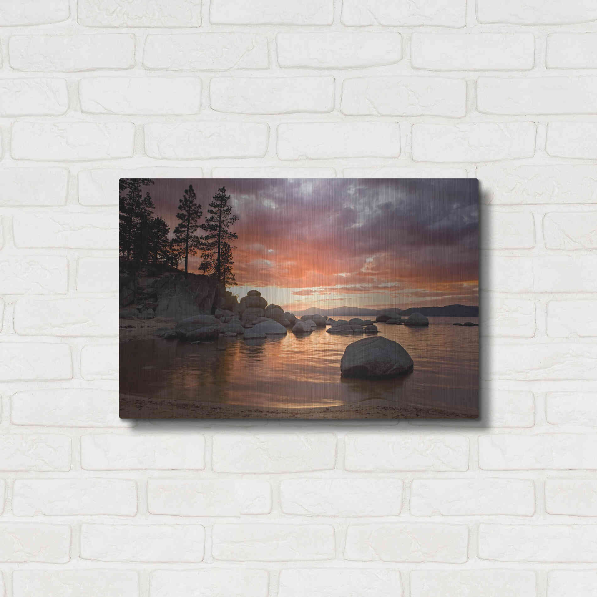 Luxe Metal Art 'Sand Harbor Sunset' by Mike Jones, Metal Wall Art,24x16