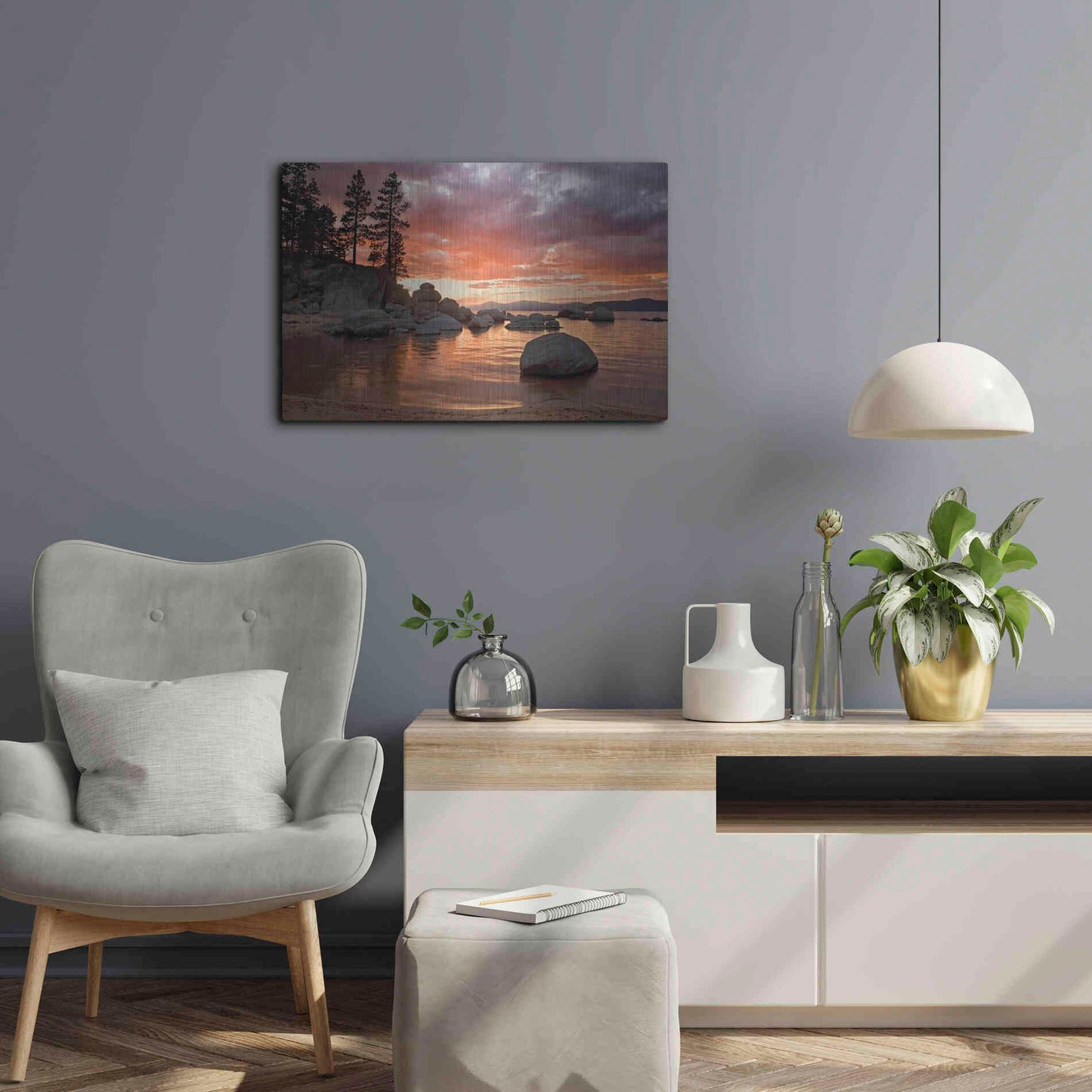 Luxe Metal Art 'Sand Harbor Sunset' by Mike Jones, Metal Wall Art,24x16