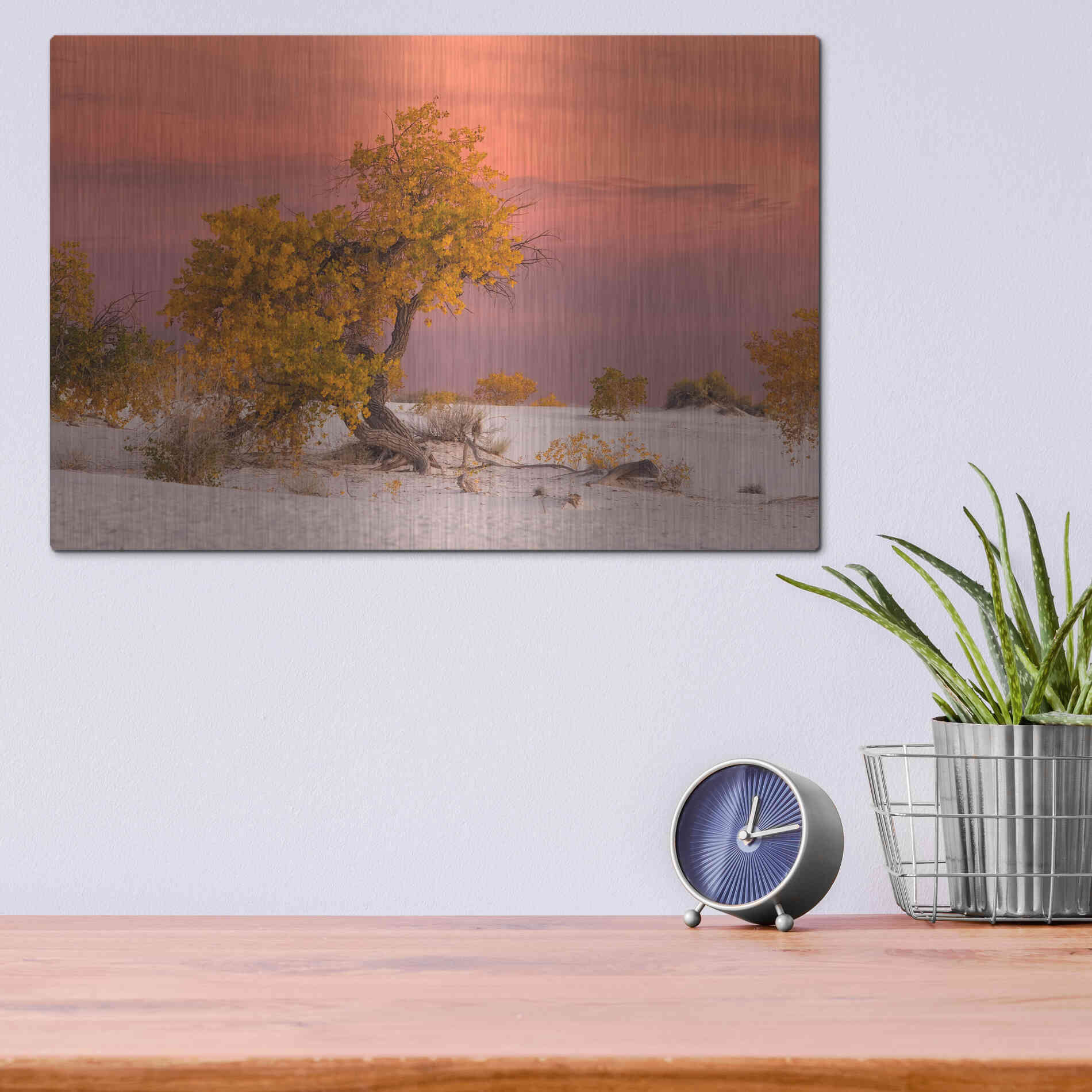 Luxe Metal Art 'White Sands Yellow Tree' by Mike Jones, Metal Wall Art,16x12
