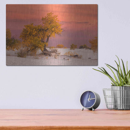 Luxe Metal Art 'White Sands Yellow Tree' by Mike Jones, Metal Wall Art,16x12