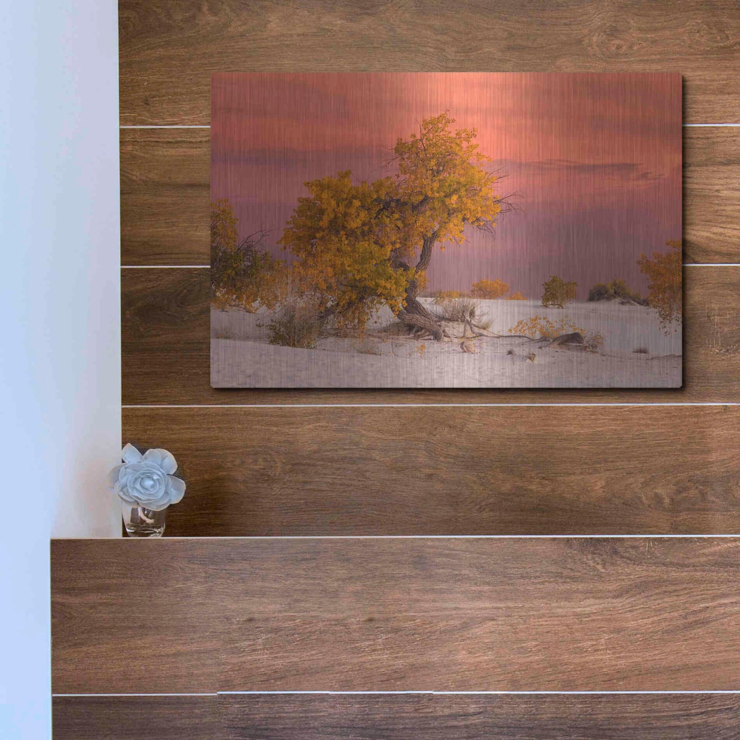 Luxe Metal Art 'White Sands Yellow Tree' by Mike Jones, Metal Wall Art,16x12