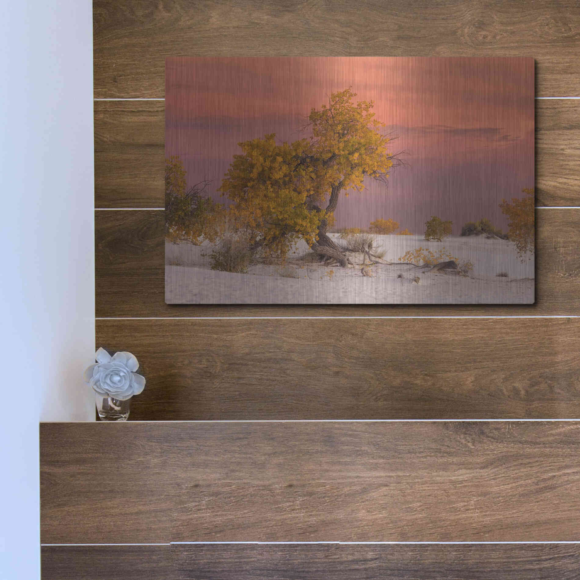 Luxe Metal Art 'White Sands Yellow Tree' by Mike Jones, Metal Wall Art,16x12