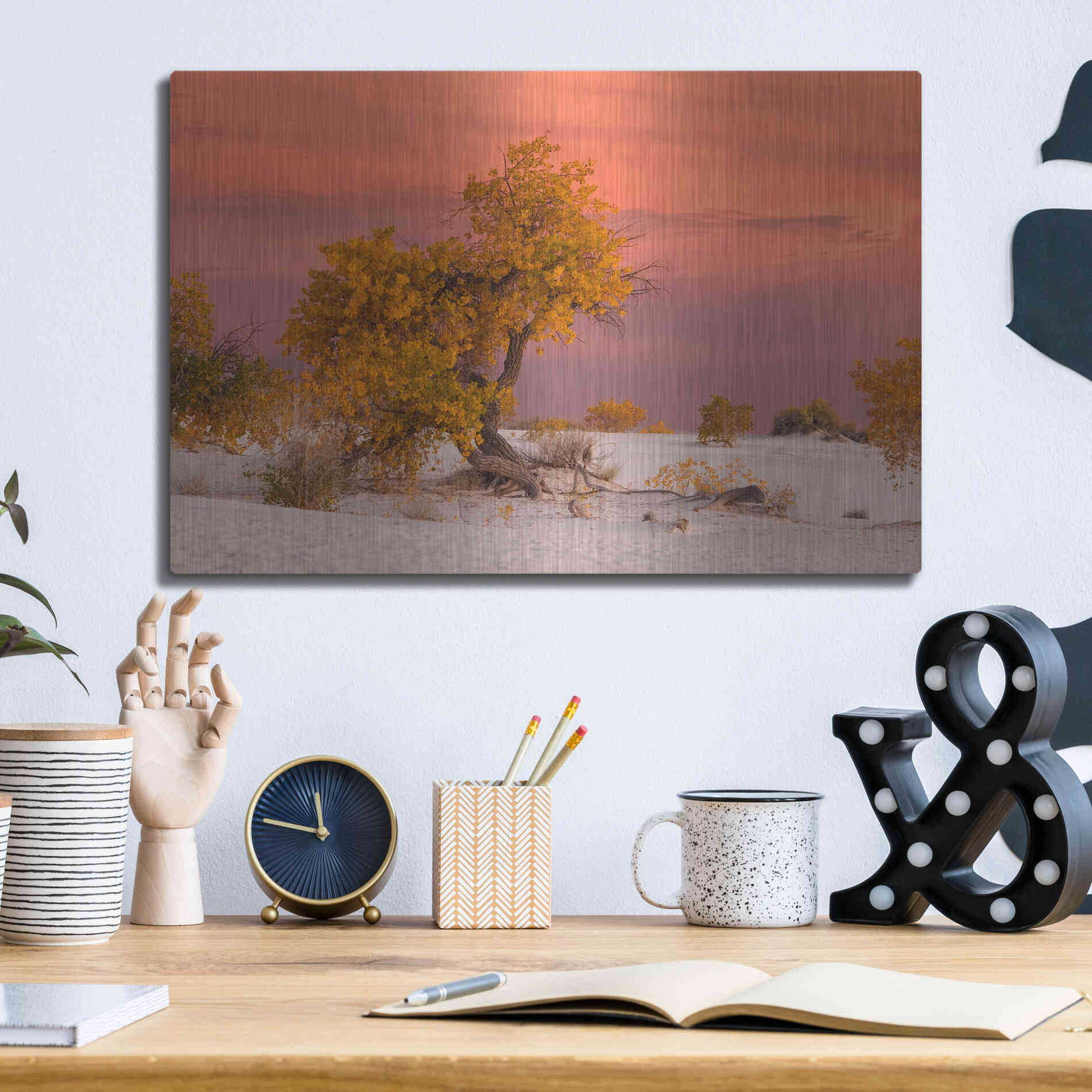 Luxe Metal Art 'White Sands Yellow Tree' by Mike Jones, Metal Wall Art,16x12