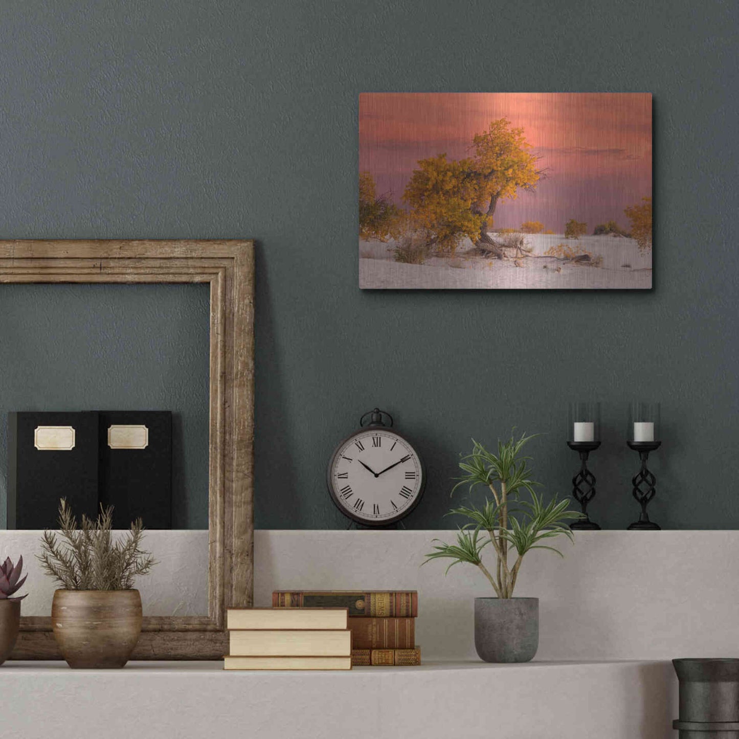 Luxe Metal Art 'White Sands Yellow Tree' by Mike Jones, Metal Wall Art,16x12