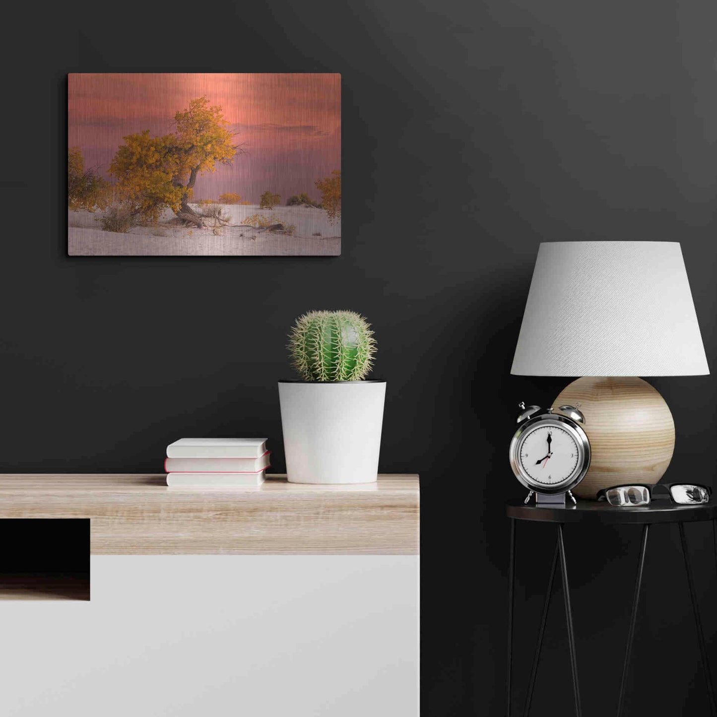 Luxe Metal Art 'White Sands Yellow Tree' by Mike Jones, Metal Wall Art,24x16