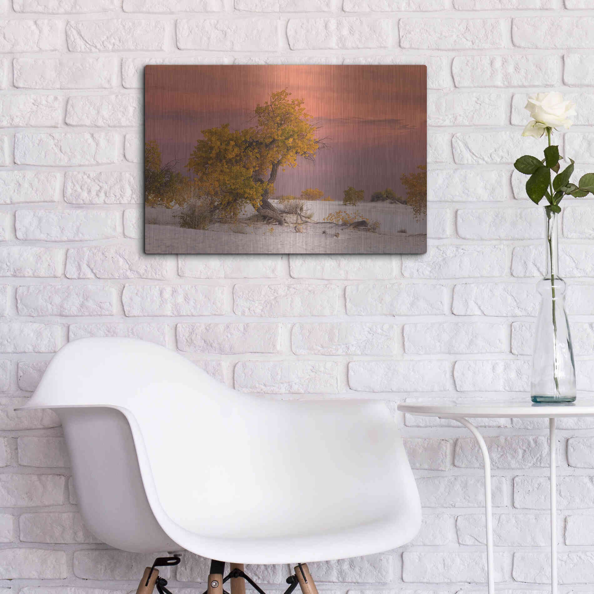 Luxe Metal Art 'White Sands Yellow Tree' by Mike Jones, Metal Wall Art,24x16