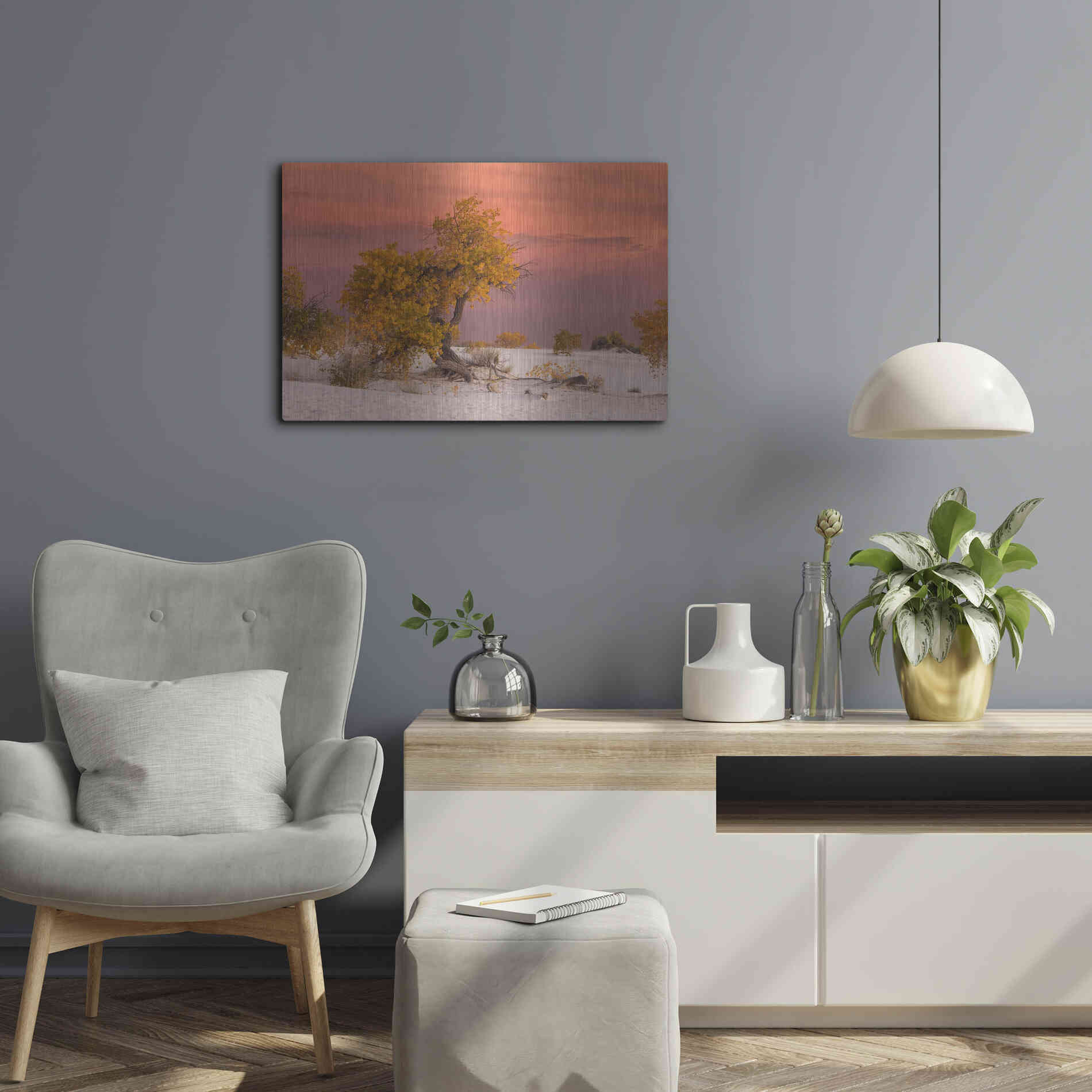 Luxe Metal Art 'White Sands Yellow Tree' by Mike Jones, Metal Wall Art,24x16