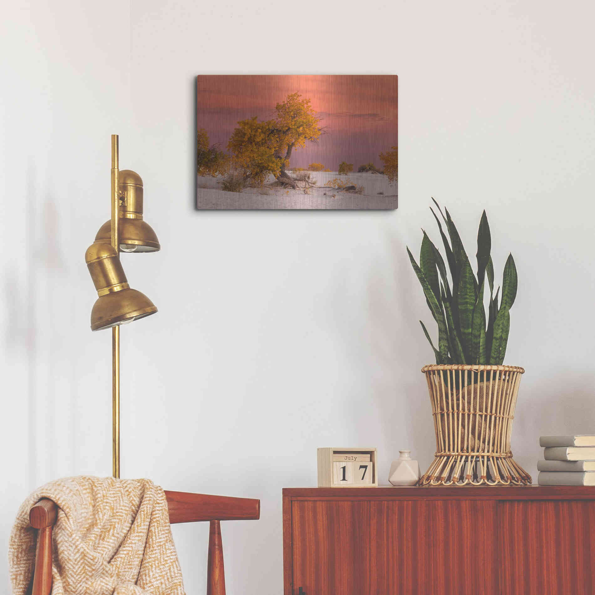 Luxe Metal Art 'White Sands Yellow Tree' by Mike Jones, Metal Wall Art,24x16