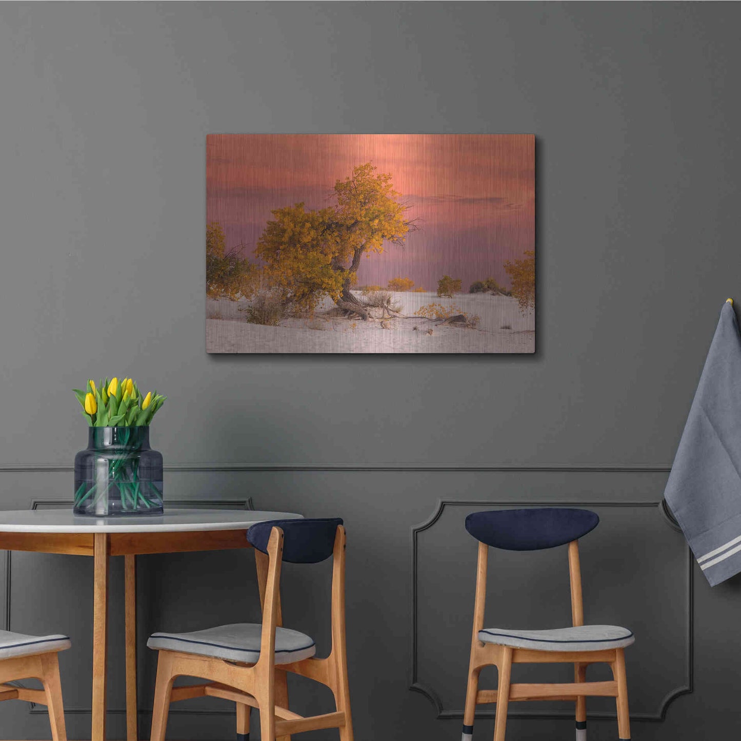 Luxe Metal Art 'White Sands Yellow Tree' by Mike Jones, Metal Wall Art,36x24