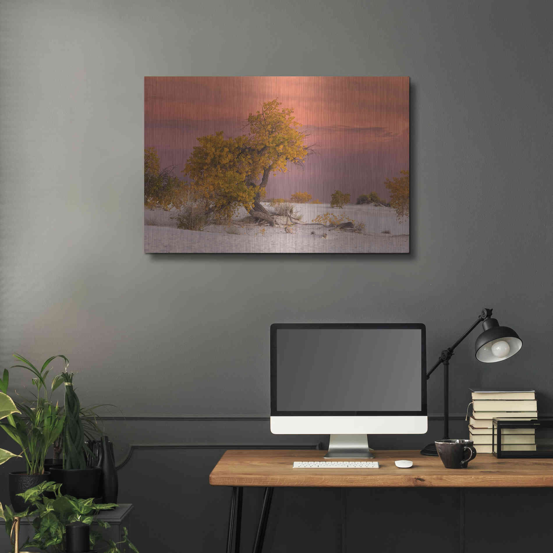 Luxe Metal Art 'White Sands Yellow Tree' by Mike Jones, Metal Wall Art,36x24