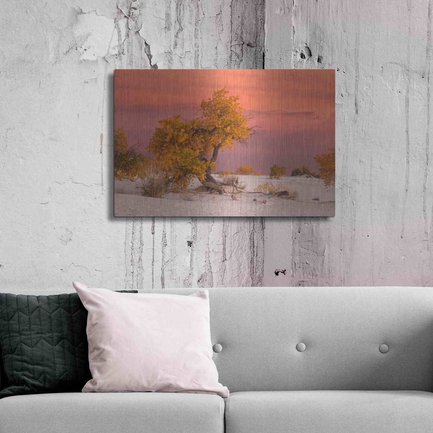 Luxe Metal Art 'White Sands Yellow Tree' by Mike Jones, Metal Wall Art,36x24
