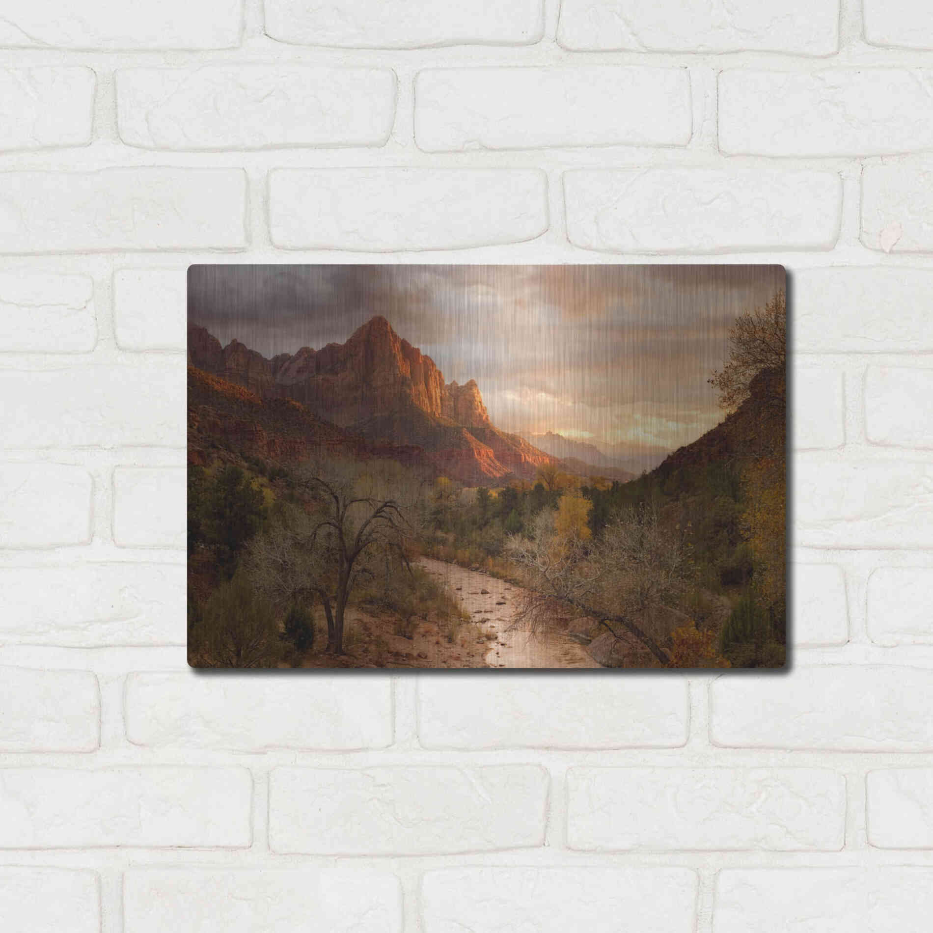 Luxe Metal Art 'Zion Watchmen Sunset' by Mike Jones, Metal Wall Art,16x12