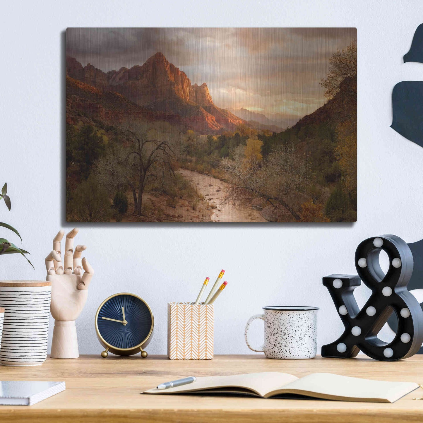 Luxe Metal Art 'Zion Watchmen Sunset' by Mike Jones, Metal Wall Art,16x12