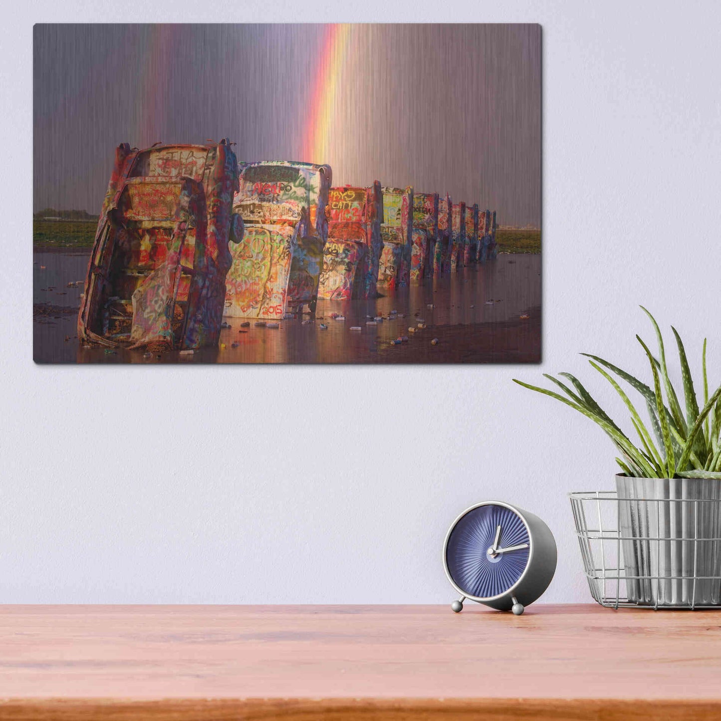 Luxe Metal Art 'Cadillac Ranch Rainbow' by Mike Jones, Metal Wall Art,16x12