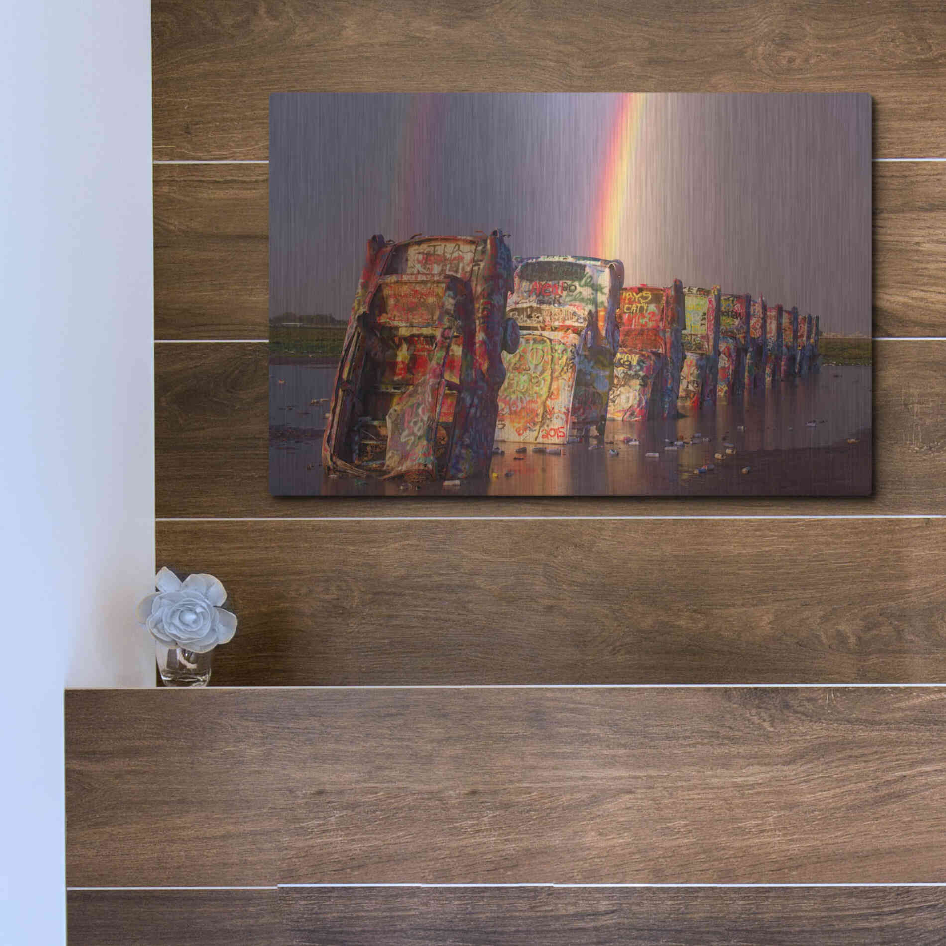 Luxe Metal Art 'Cadillac Ranch Rainbow' by Mike Jones, Metal Wall Art,16x12