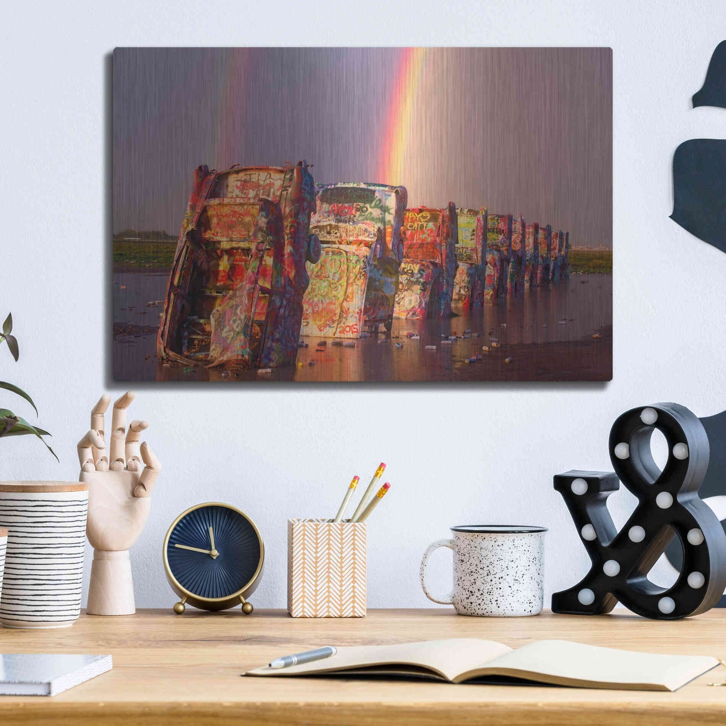 Luxe Metal Art 'Cadillac Ranch Rainbow' by Mike Jones, Metal Wall Art,16x12