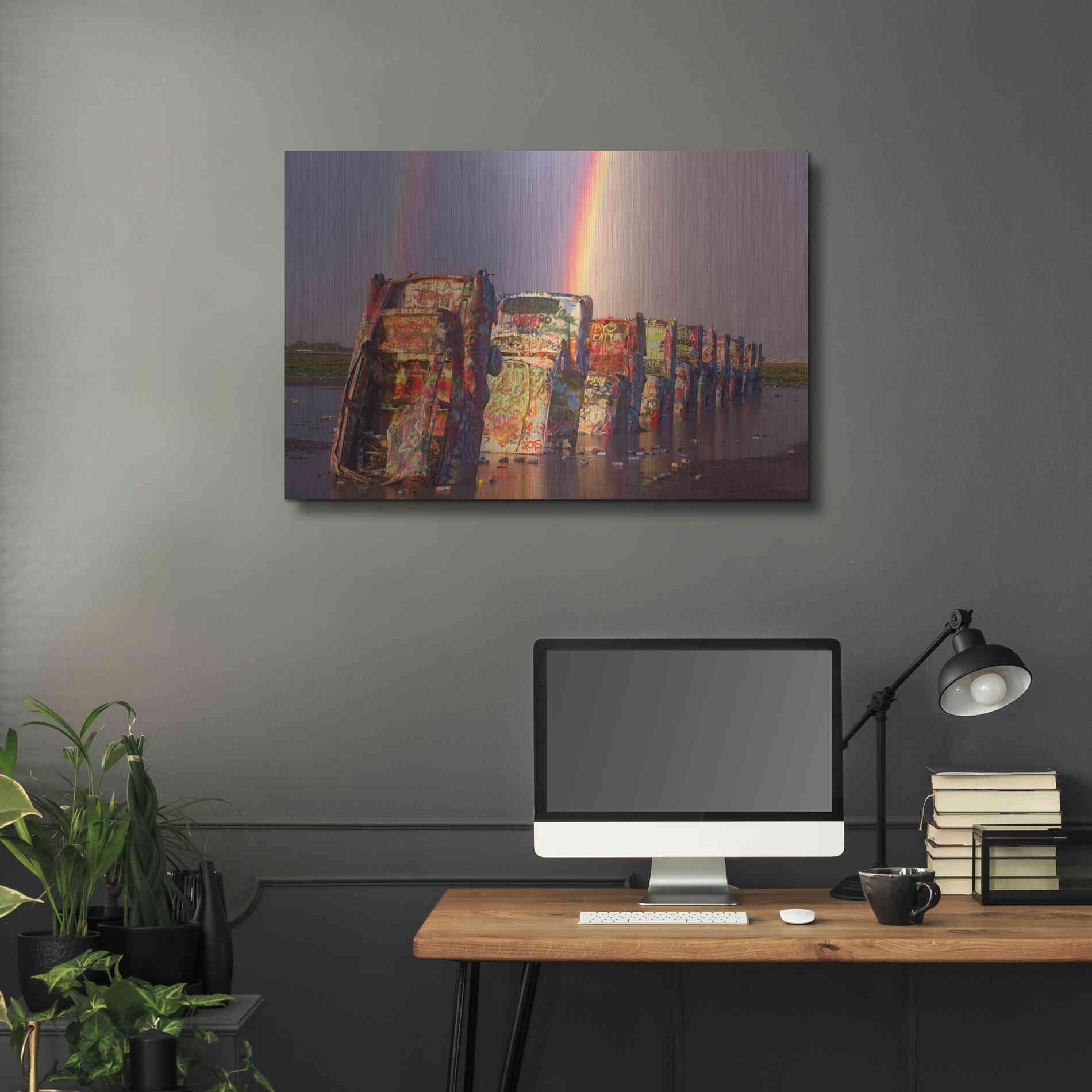 Luxe Metal Art 'Cadillac Ranch Rainbow' by Mike Jones, Metal Wall Art,36x24