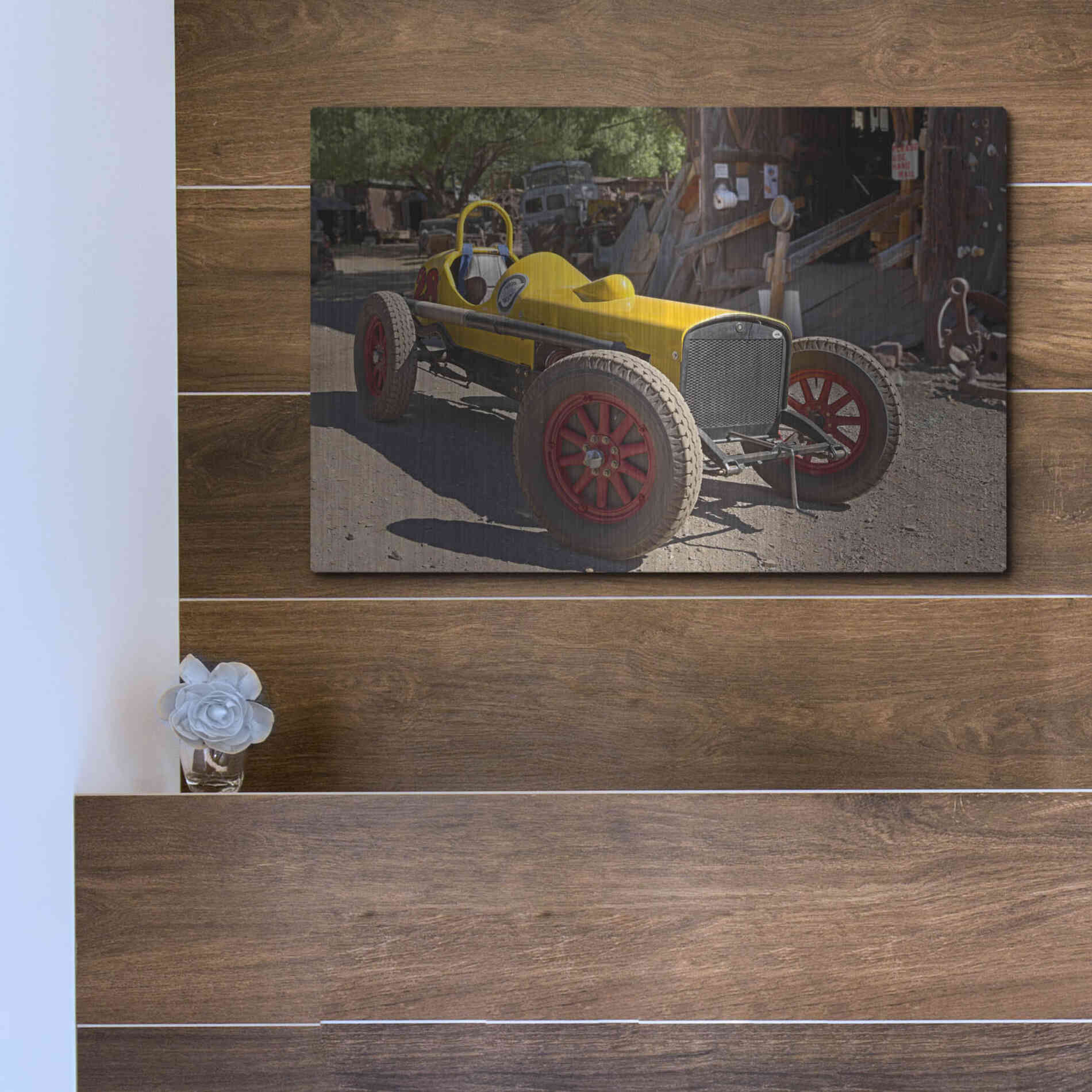 Luxe Metal Art 'Gold King Mine Race Car' by Mike Jones, Metal Wall Art,16x12