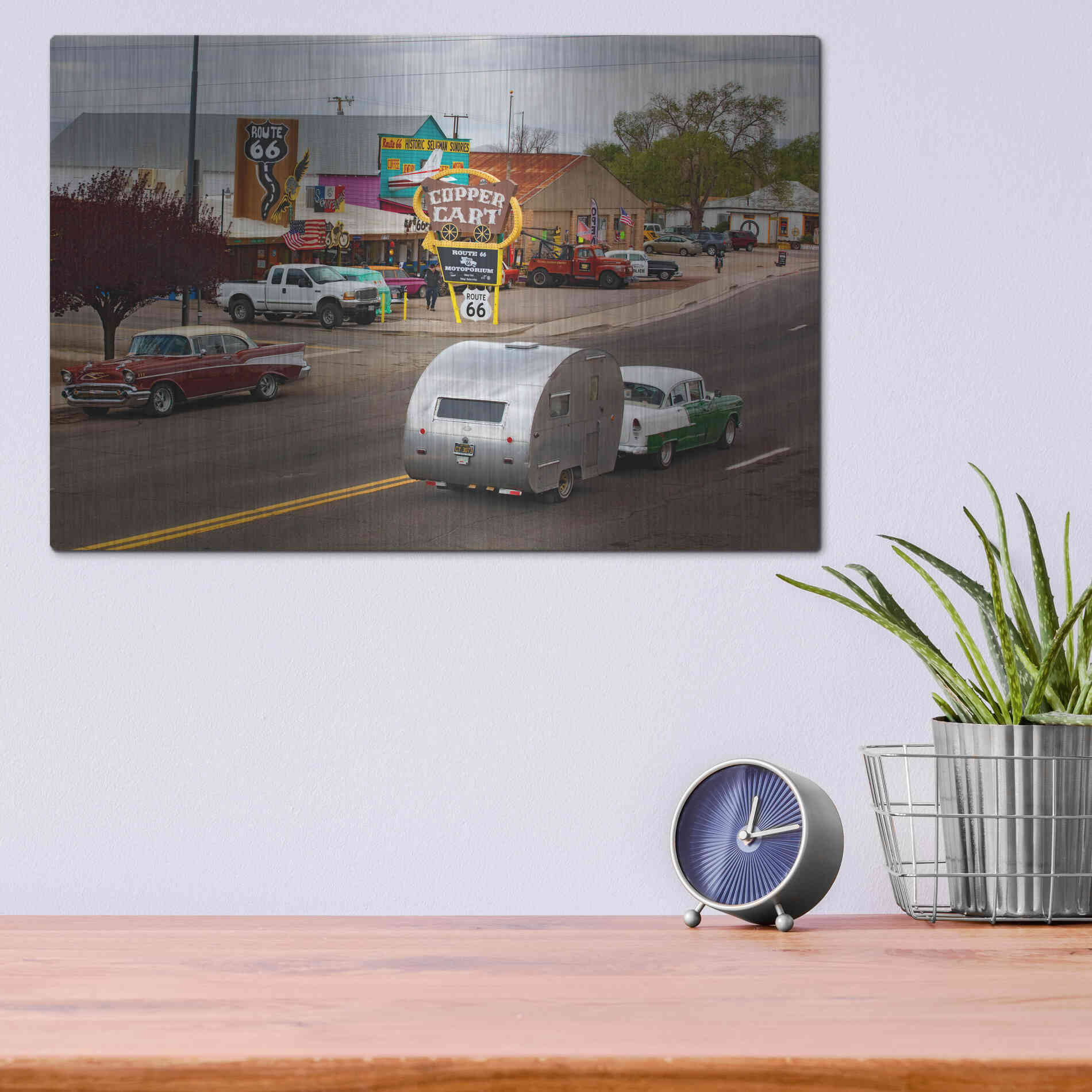Luxe Metal Art 'Route 66 Fun Run Motoporium' by Mike Jones, Metal Wall Art,16x12