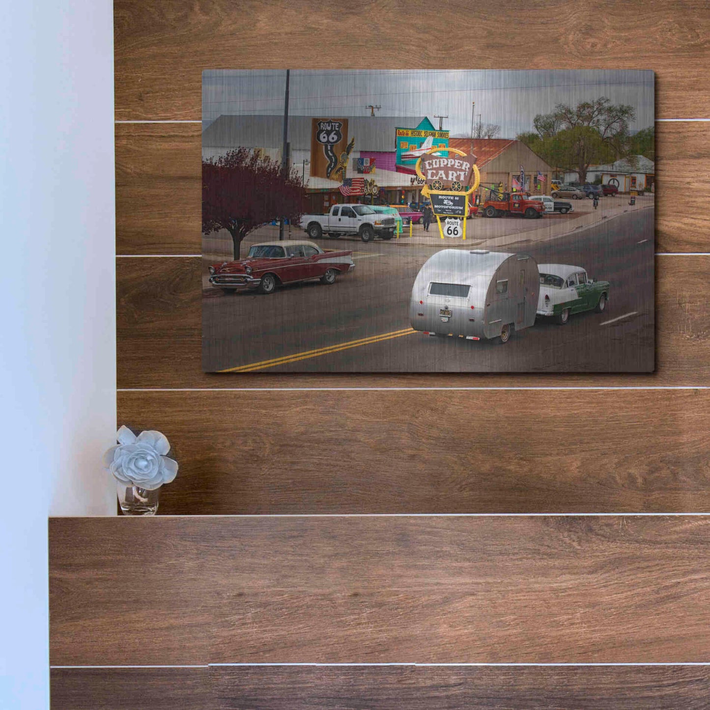 Luxe Metal Art 'Route 66 Fun Run Motoporium' by Mike Jones, Metal Wall Art,16x12