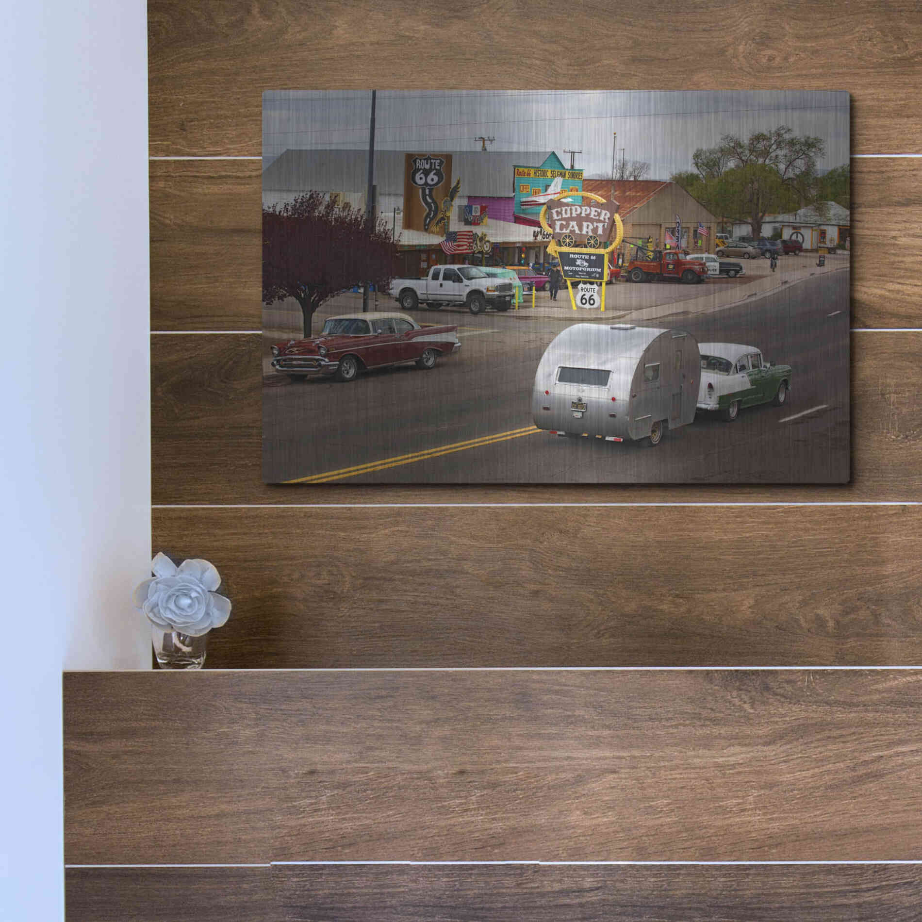 Luxe Metal Art 'Route 66 Fun Run Motoporium' by Mike Jones, Metal Wall Art,16x12