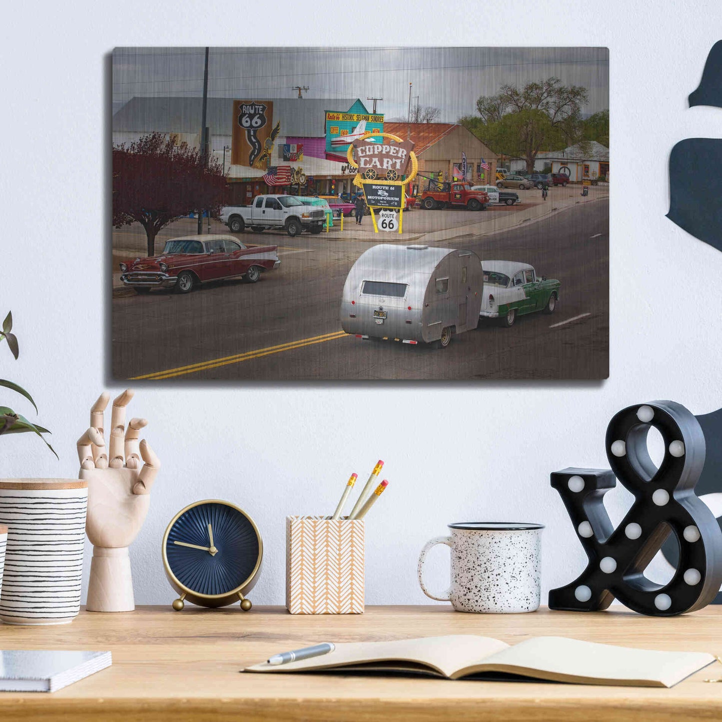 Luxe Metal Art 'Route 66 Fun Run Motoporium' by Mike Jones, Metal Wall Art,16x12