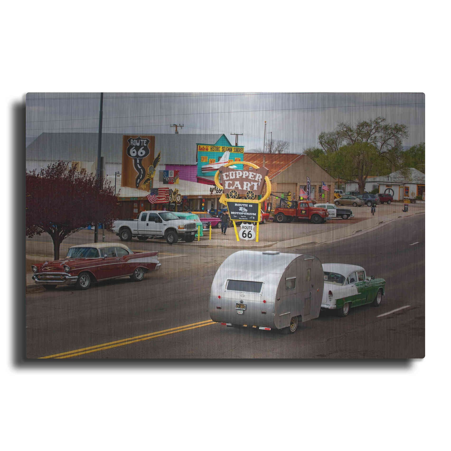 Luxe Metal Art 'Route 66 Fun Run Motoporium' by Mike Jones, Metal Wall Art