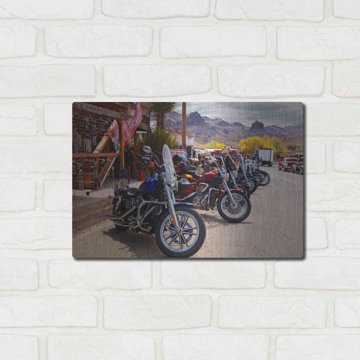 Luxe Metal Art 'Route 66 Fun Run Oatman Motorcycles' by Mike Jones, Metal Wall Art,16x12