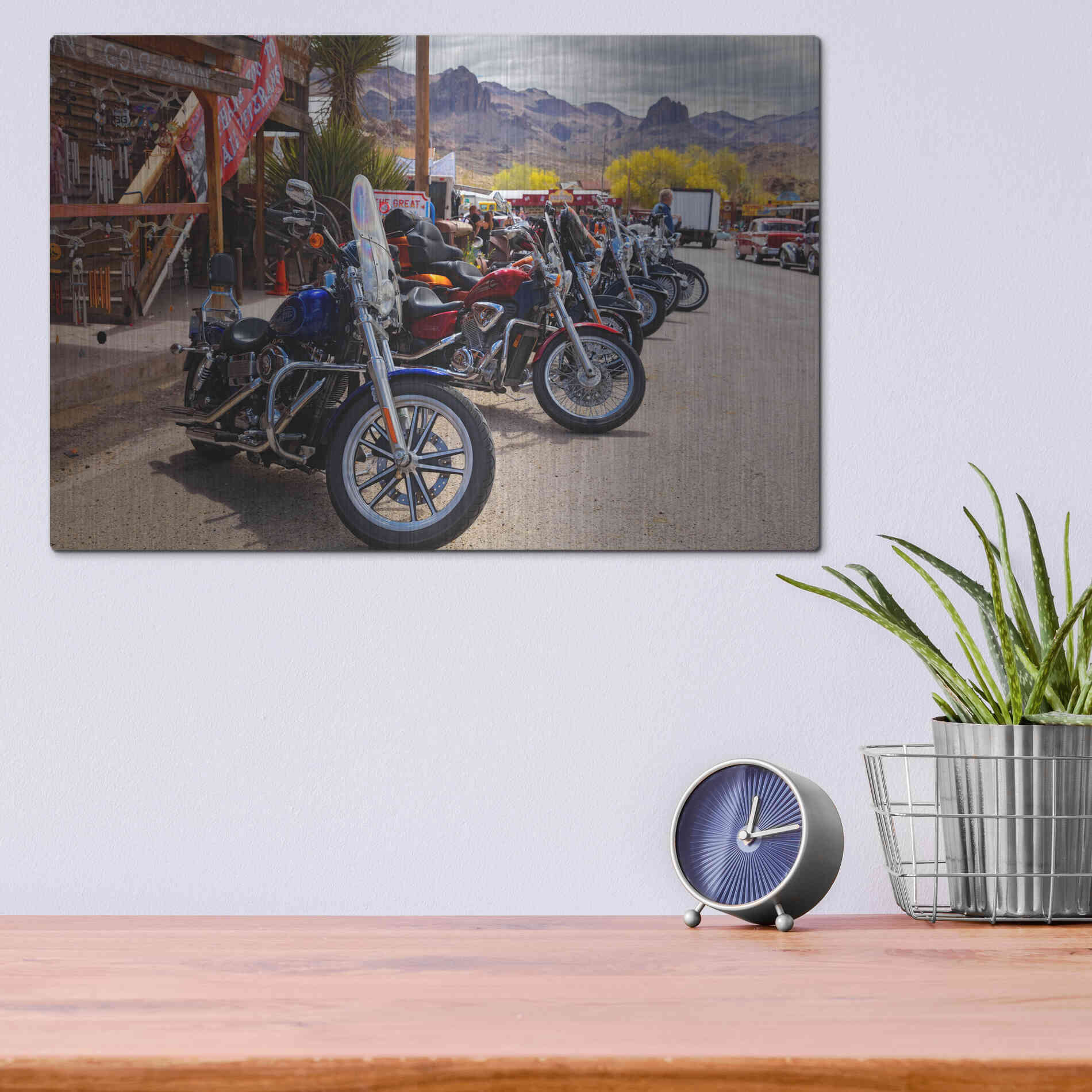 Luxe Metal Art 'Route 66 Fun Run Oatman Motorcycles' by Mike Jones, Metal Wall Art,16x12