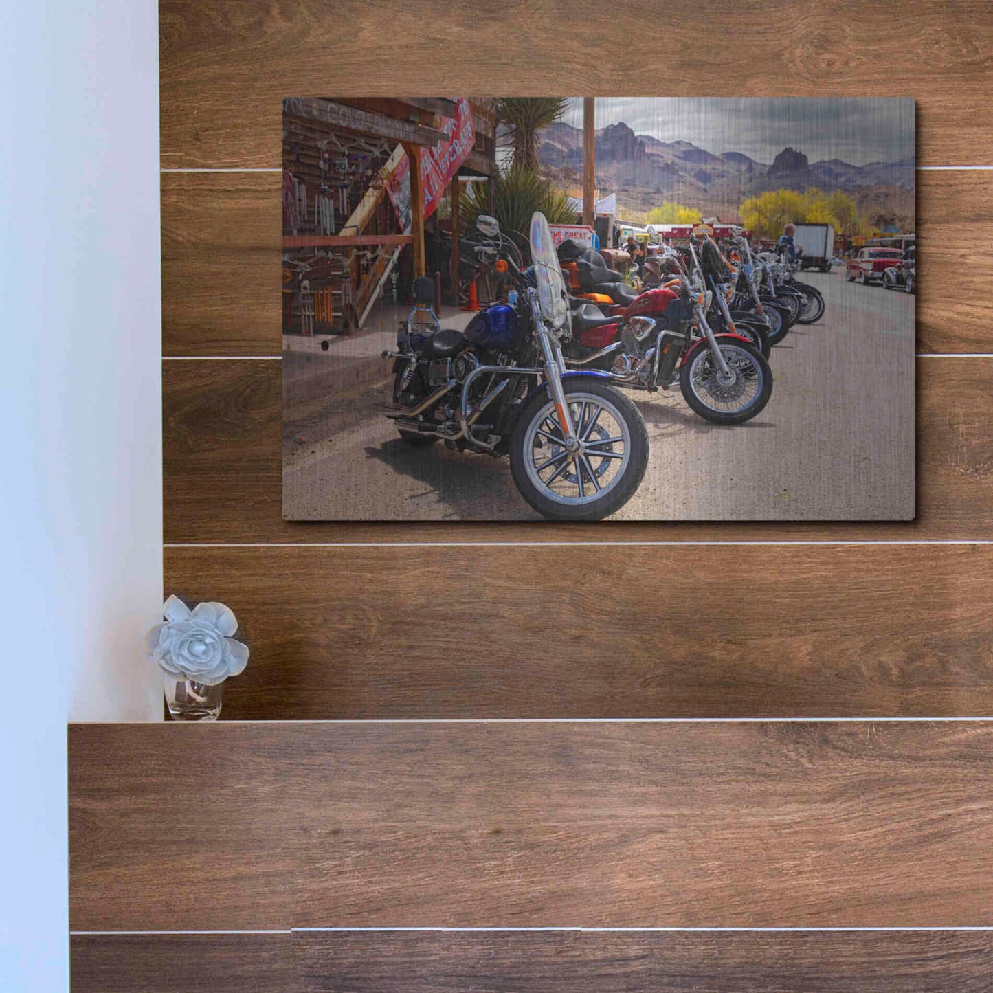 Luxe Metal Art 'Route 66 Fun Run Oatman Motorcycles' by Mike Jones, Metal Wall Art,16x12