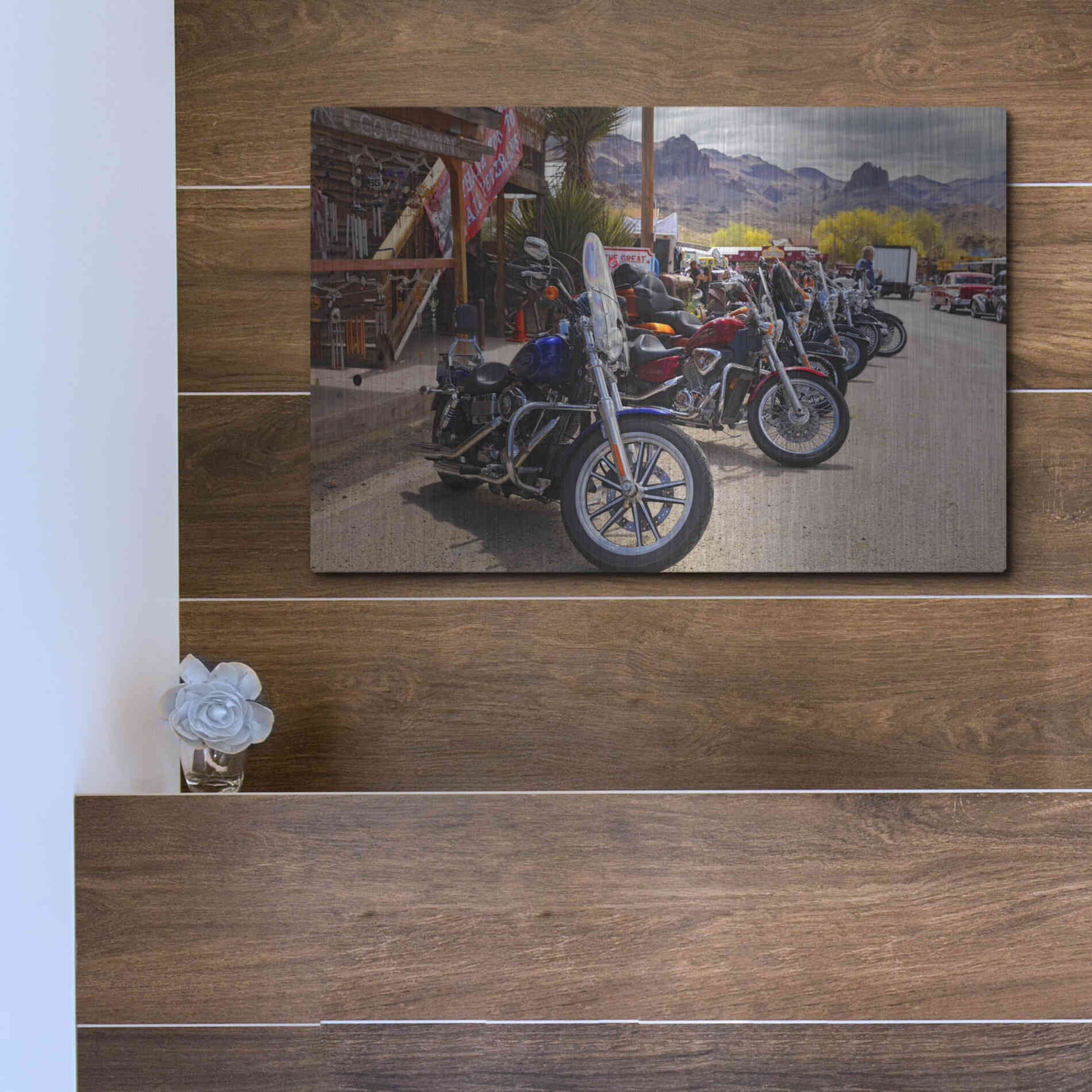 Luxe Metal Art 'Route 66 Fun Run Oatman Motorcycles' by Mike Jones, Metal Wall Art,16x12