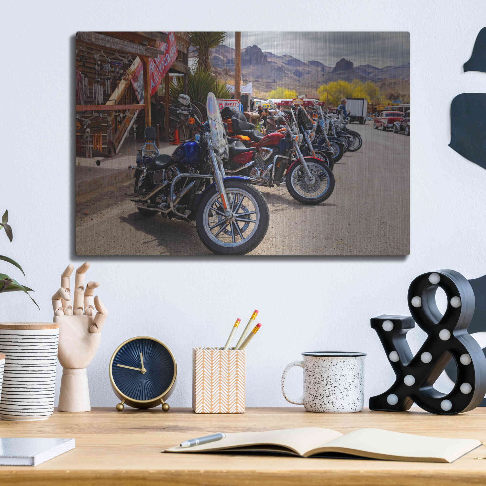 Luxe Metal Art 'Route 66 Fun Run Oatman Motorcycles' by Mike Jones, Metal Wall Art,16x12