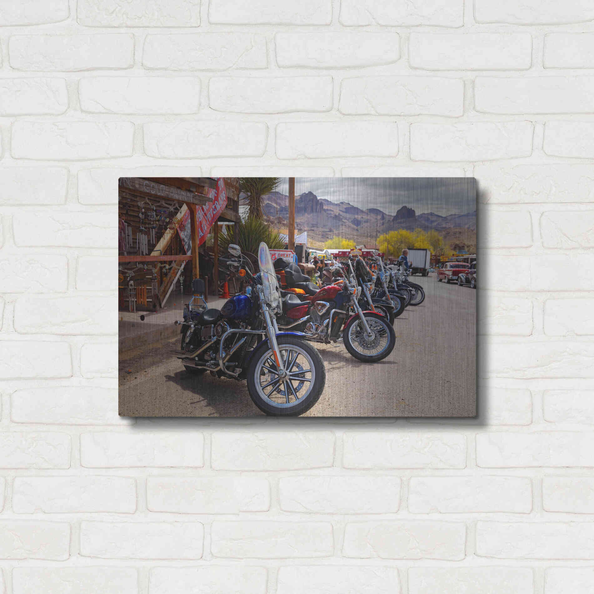 Luxe Metal Art 'Route 66 Fun Run Oatman Motorcycles' by Mike Jones, Metal Wall Art,24x16