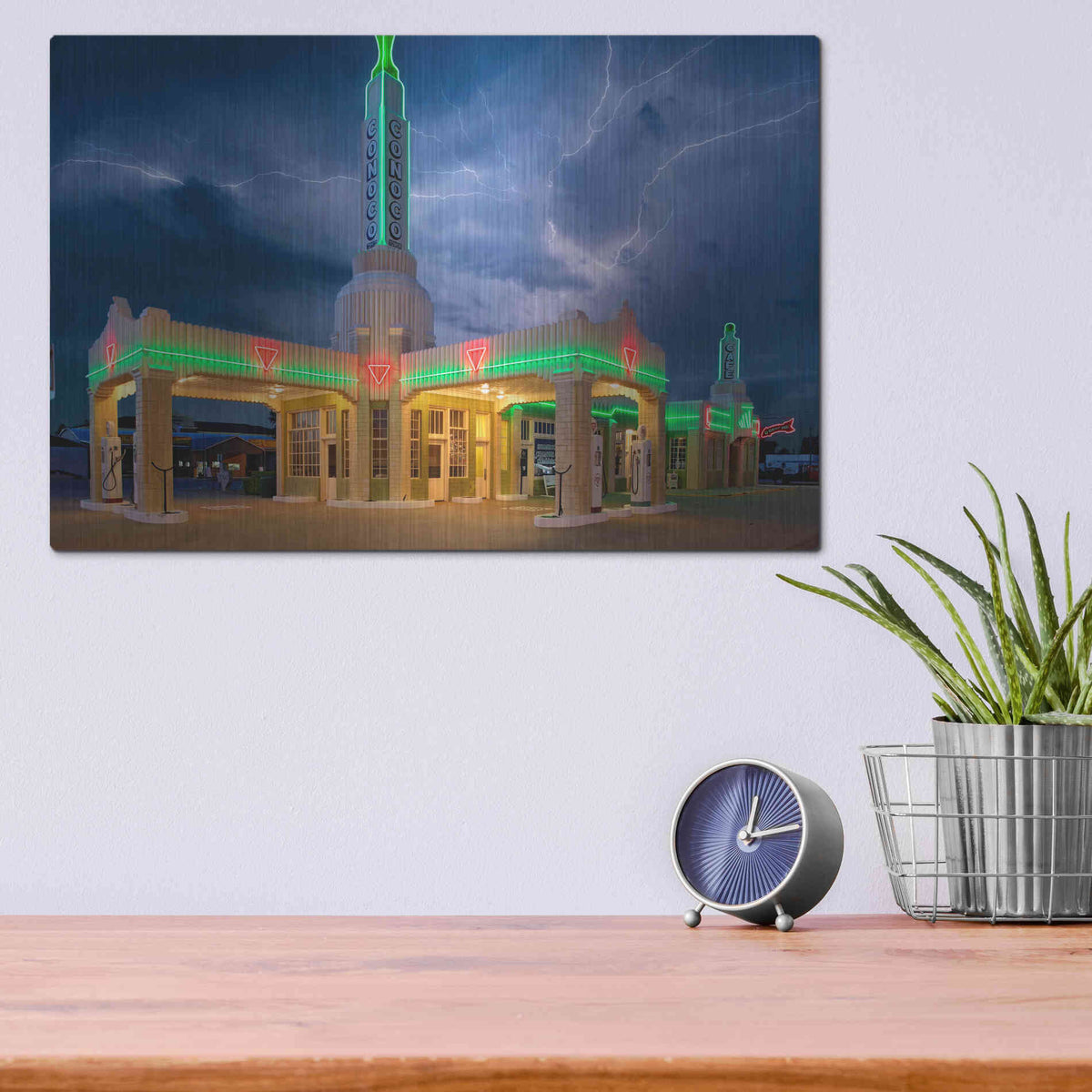 Luxe Metal Art 'Route 66 Shamrock Texas Conoco Lightning' by Mike Jones, Metal Wall Art,16x12