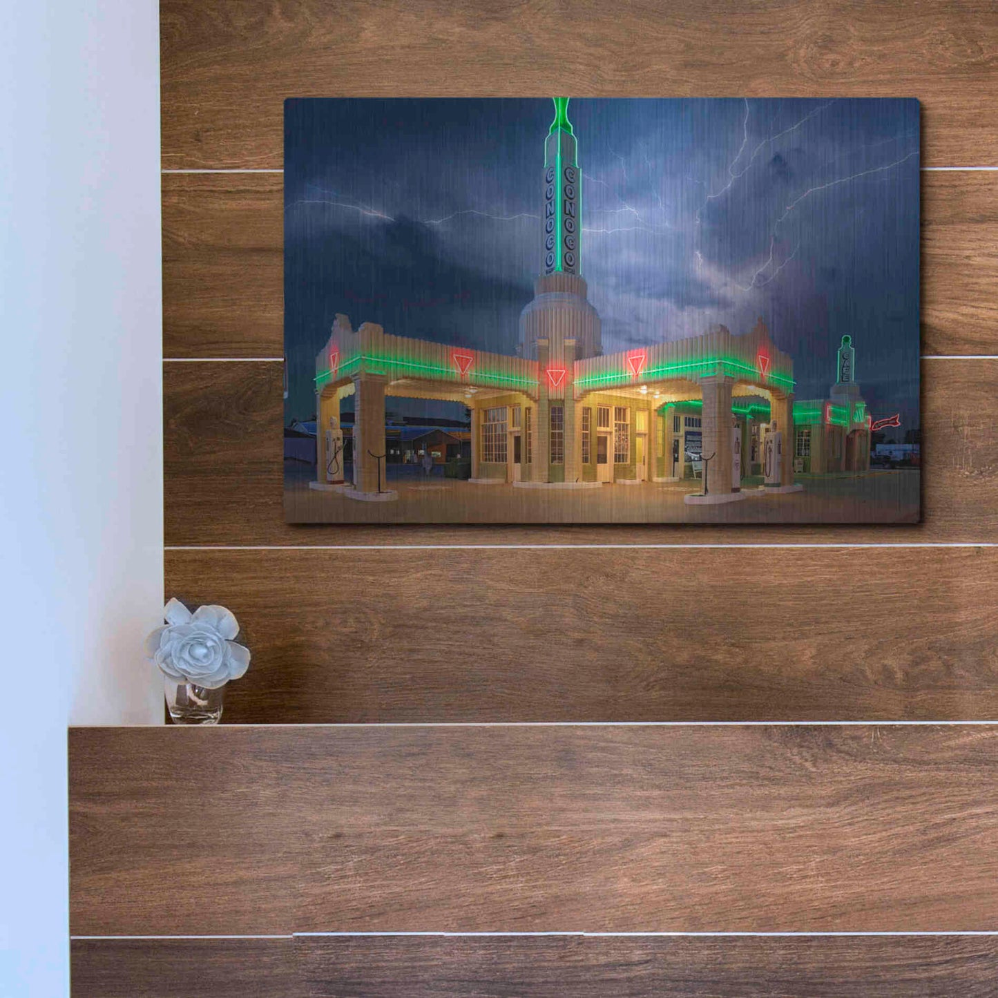 Luxe Metal Art 'Route 66 Shamrock Texas Conoco Lightning' by Mike Jones, Metal Wall Art,16x12