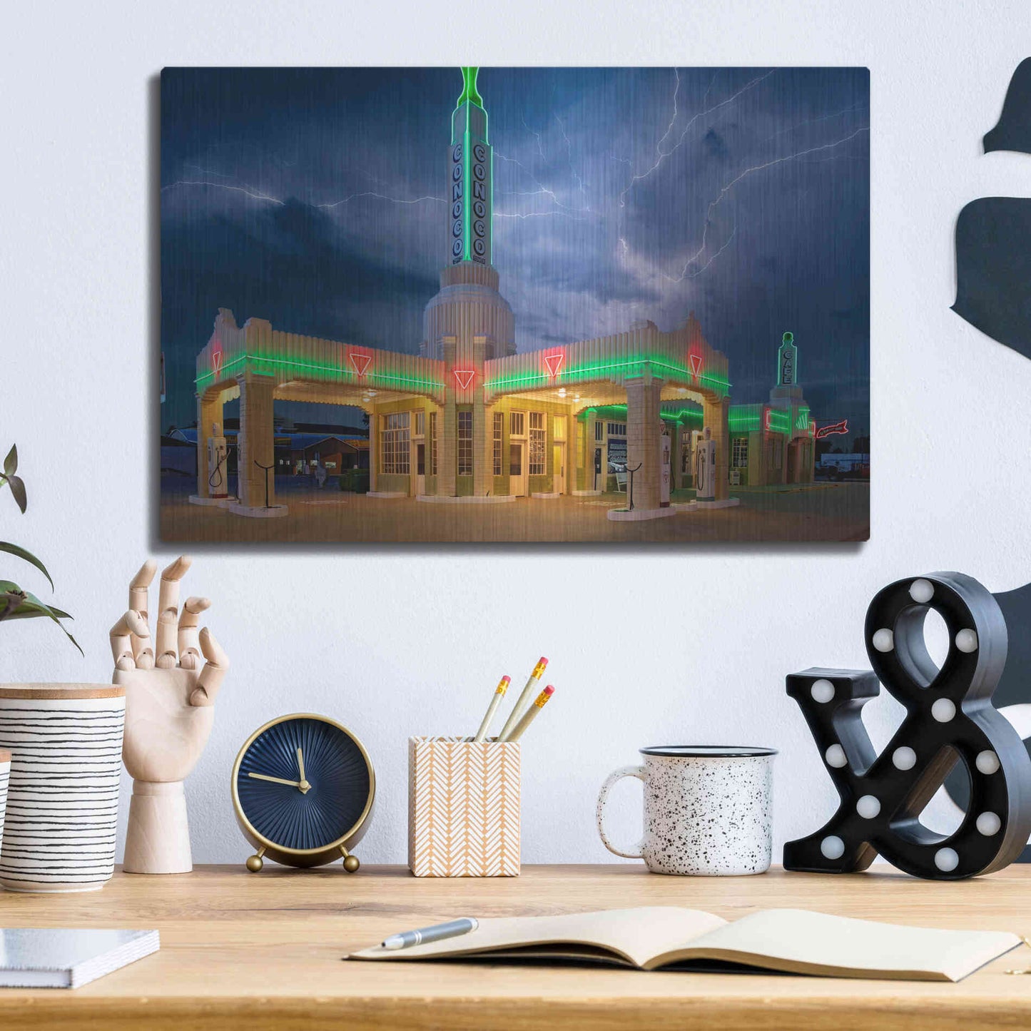 Luxe Metal Art 'Route 66 Shamrock Texas Conoco Lightning' by Mike Jones, Metal Wall Art,16x12