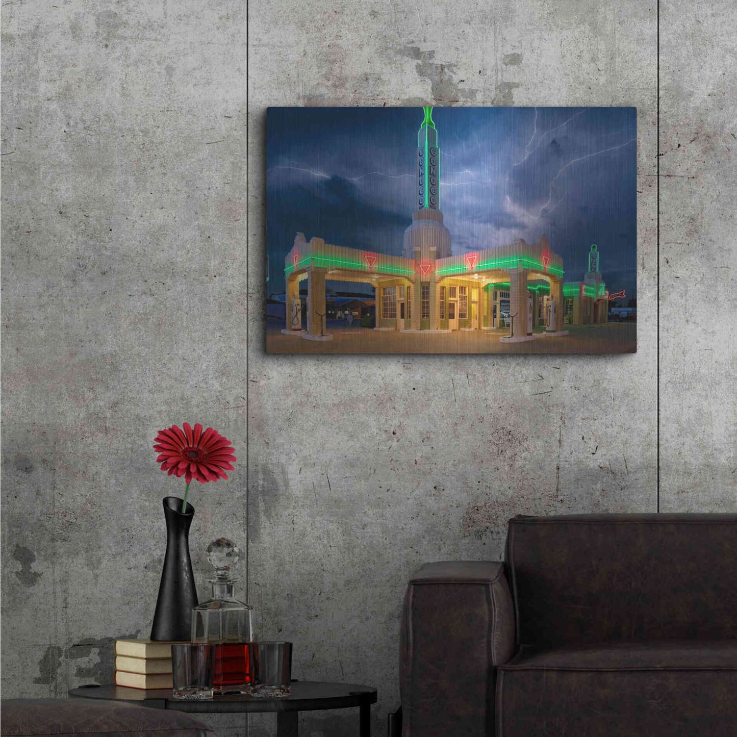 Luxe Metal Art 'Route 66 Shamrock Texas Conoco Lightning' by Mike Jones, Metal Wall Art,36x24