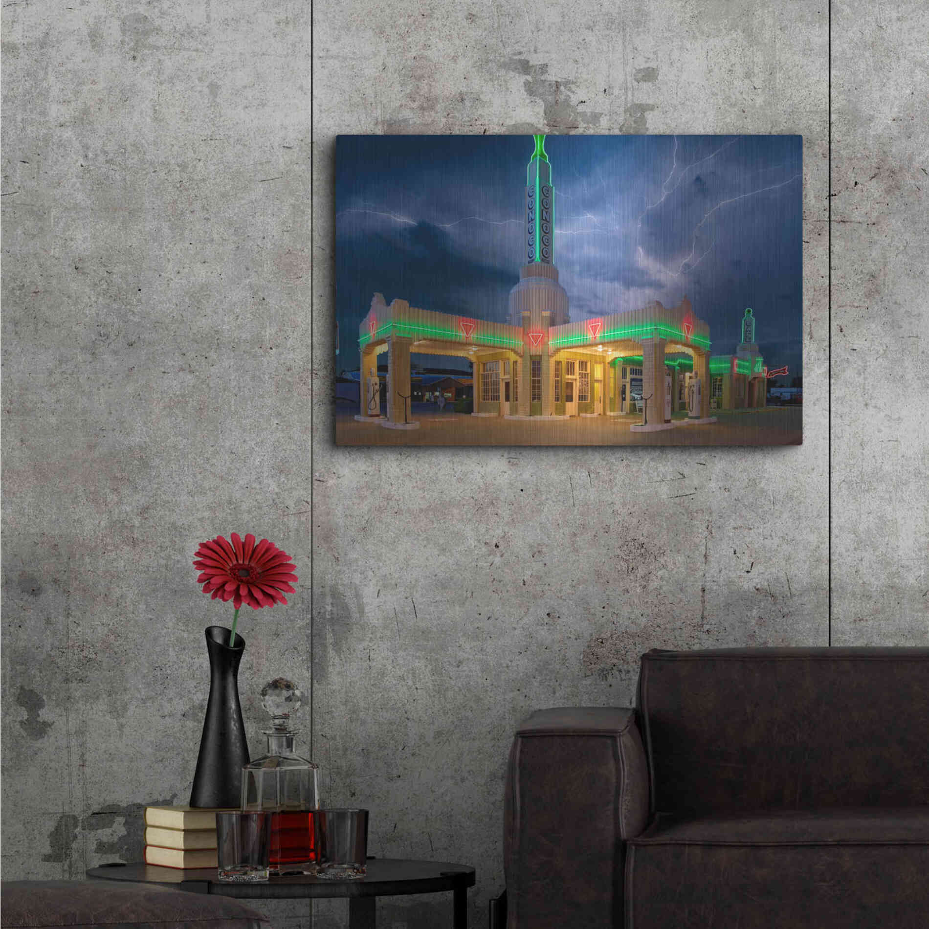 Luxe Metal Art 'Route 66 Shamrock Texas Conoco Lightning' by Mike Jones, Metal Wall Art,36x24