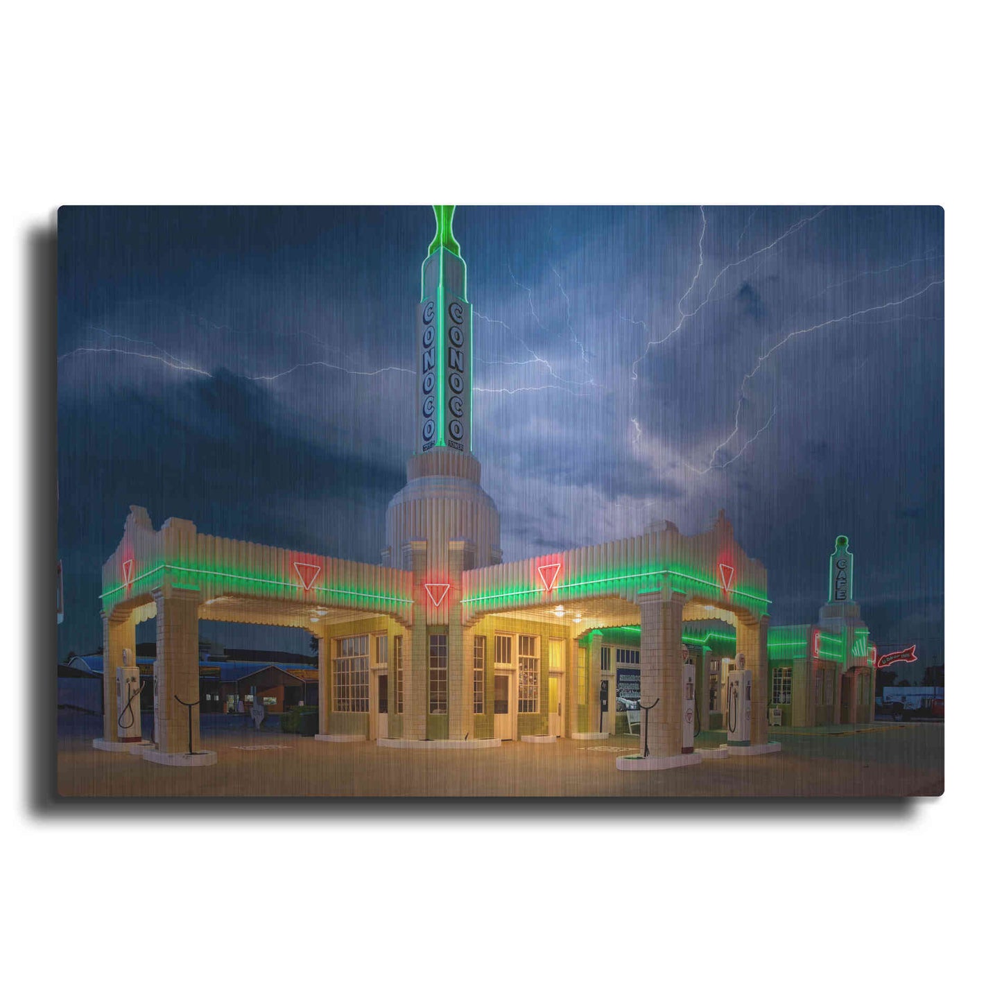 Luxe Metal Art 'Route 66 Shamrock Texas Conoco Lightning' by Mike Jones, Metal Wall Art