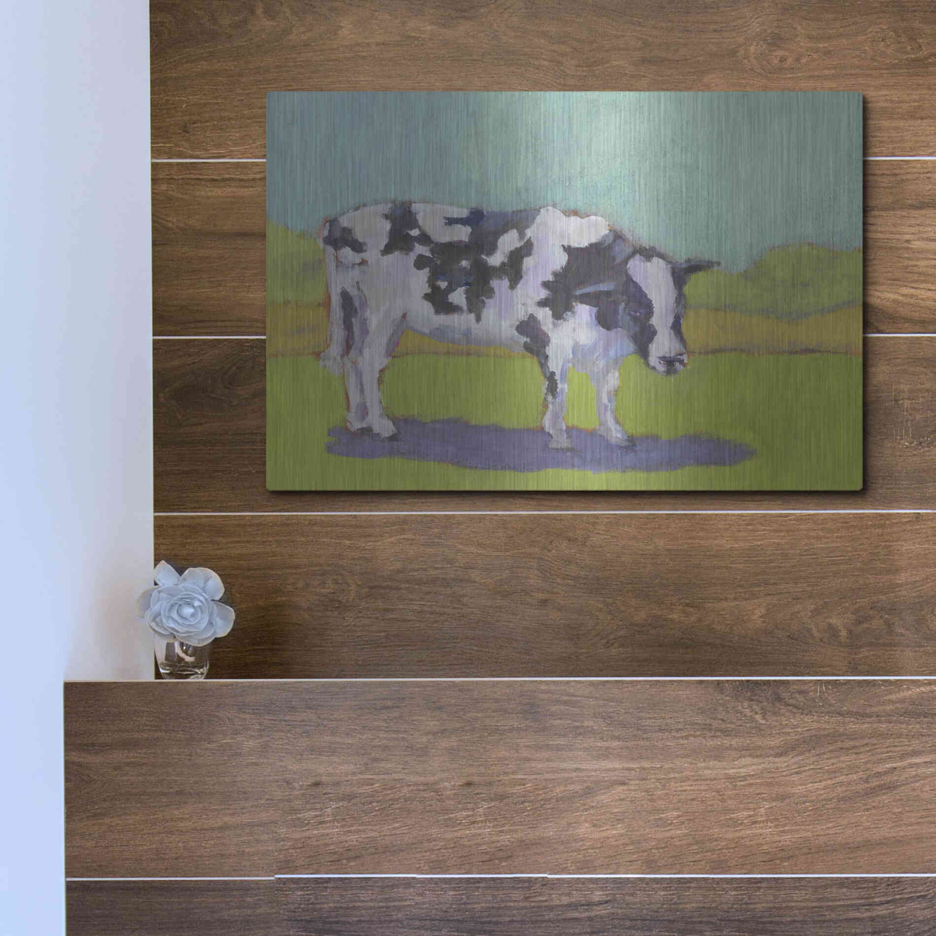 Luxe Metal Art 'Pasture Cow I' by Carol Young, Metal Wall Art,16x12