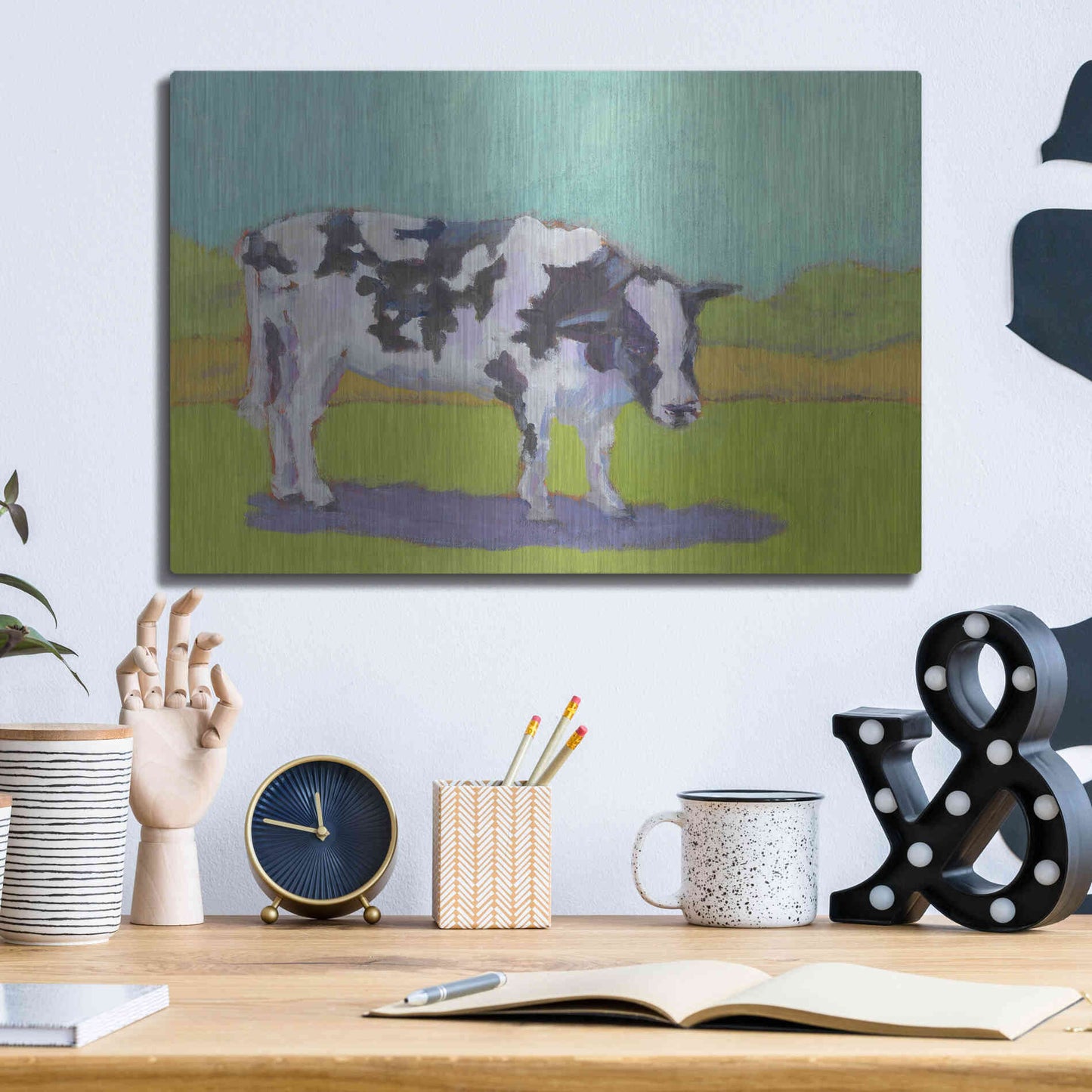Luxe Metal Art 'Pasture Cow I' by Carol Young, Metal Wall Art,16x12