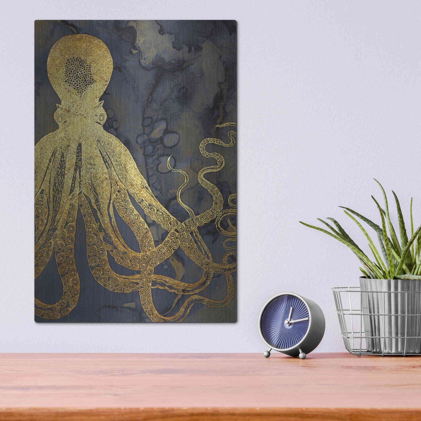 Luxe Metal Art 'Octopus Ink Gold & Blue I' by Christine Zalewski, Metal Wall Art,12x16