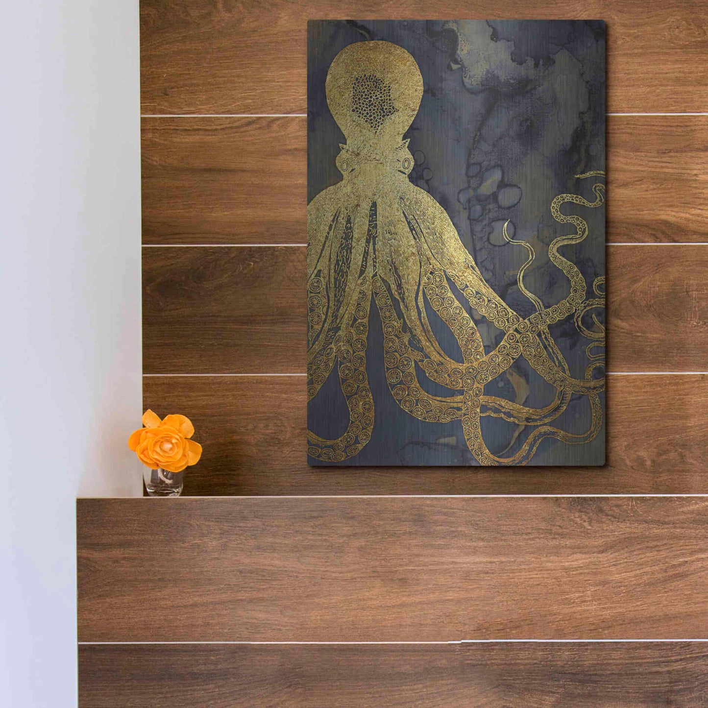 Luxe Metal Art 'Octopus Ink Gold & Blue I' by Christine Zalewski, Metal Wall Art,12x16