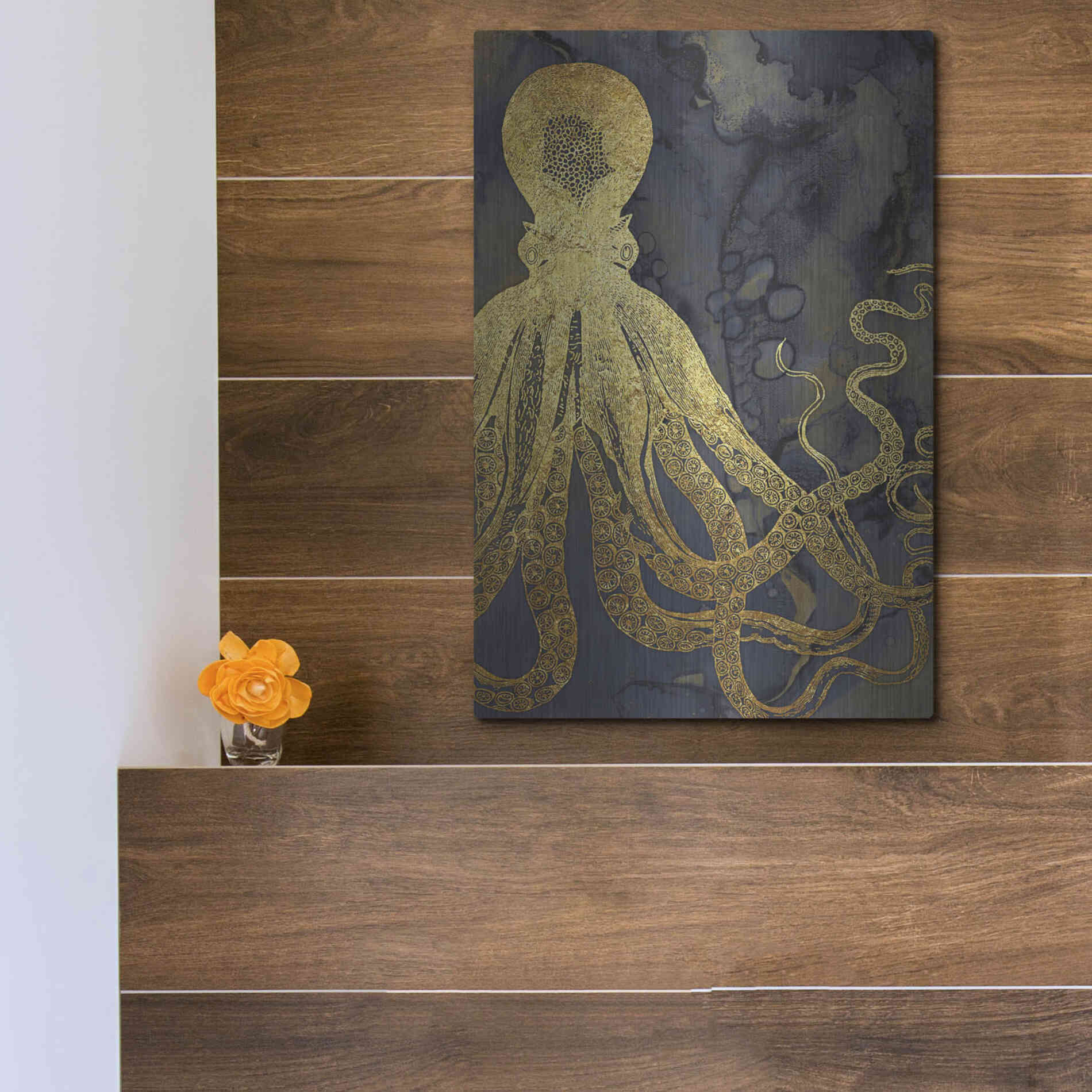 Luxe Metal Art 'Octopus Ink Gold & Blue I' by Christine Zalewski, Metal Wall Art,12x16