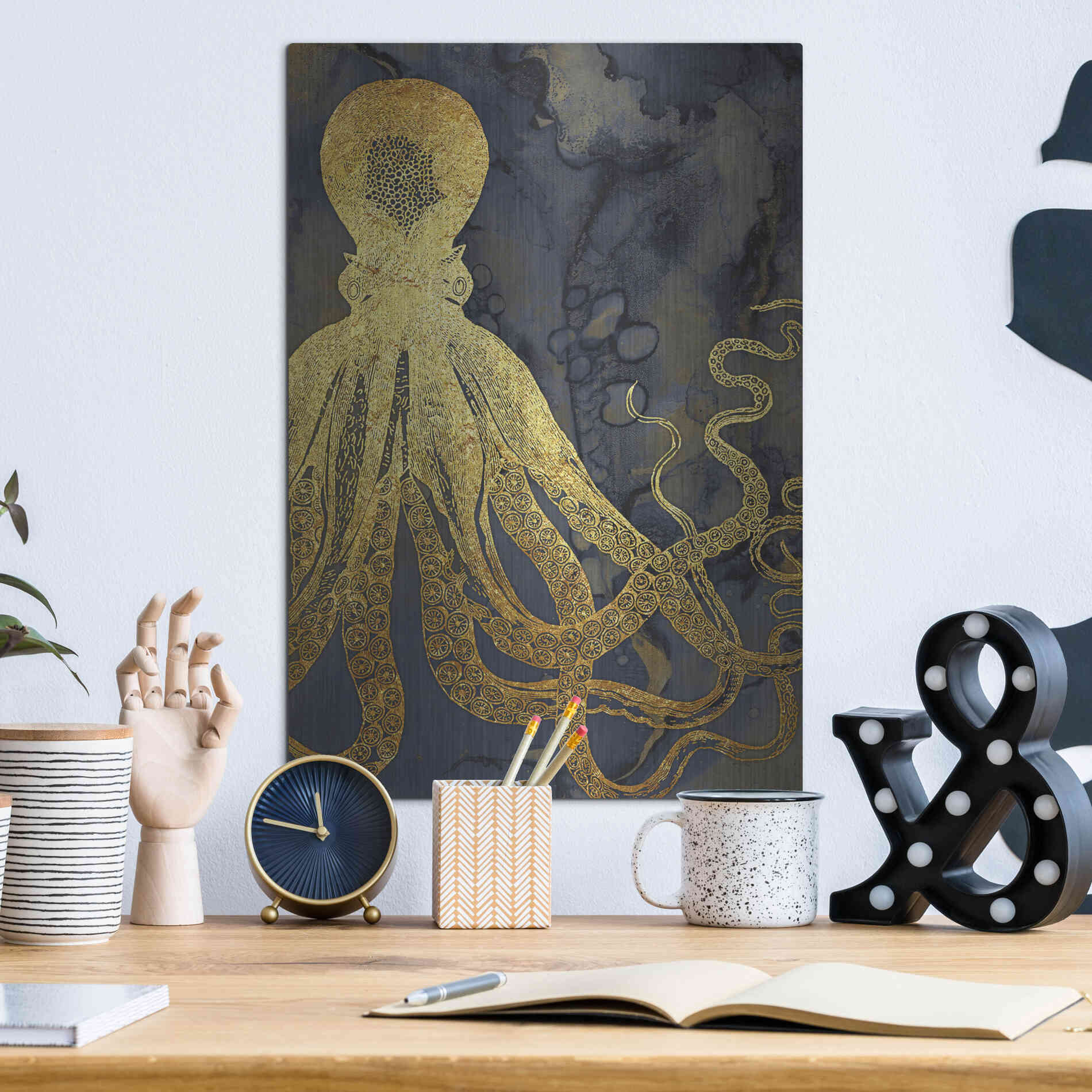 Luxe Metal Art 'Octopus Ink Gold & Blue I' by Christine Zalewski, Metal Wall Art,12x16
