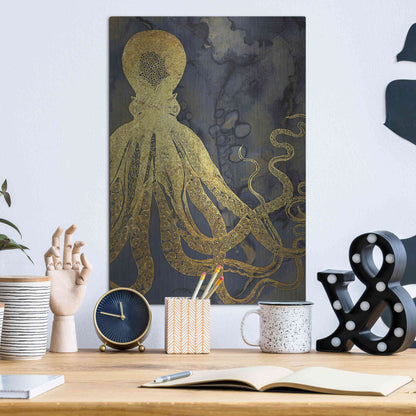 Luxe Metal Art 'Octopus Ink Gold & Blue I' by Christine Zalewski, Metal Wall Art,12x16
