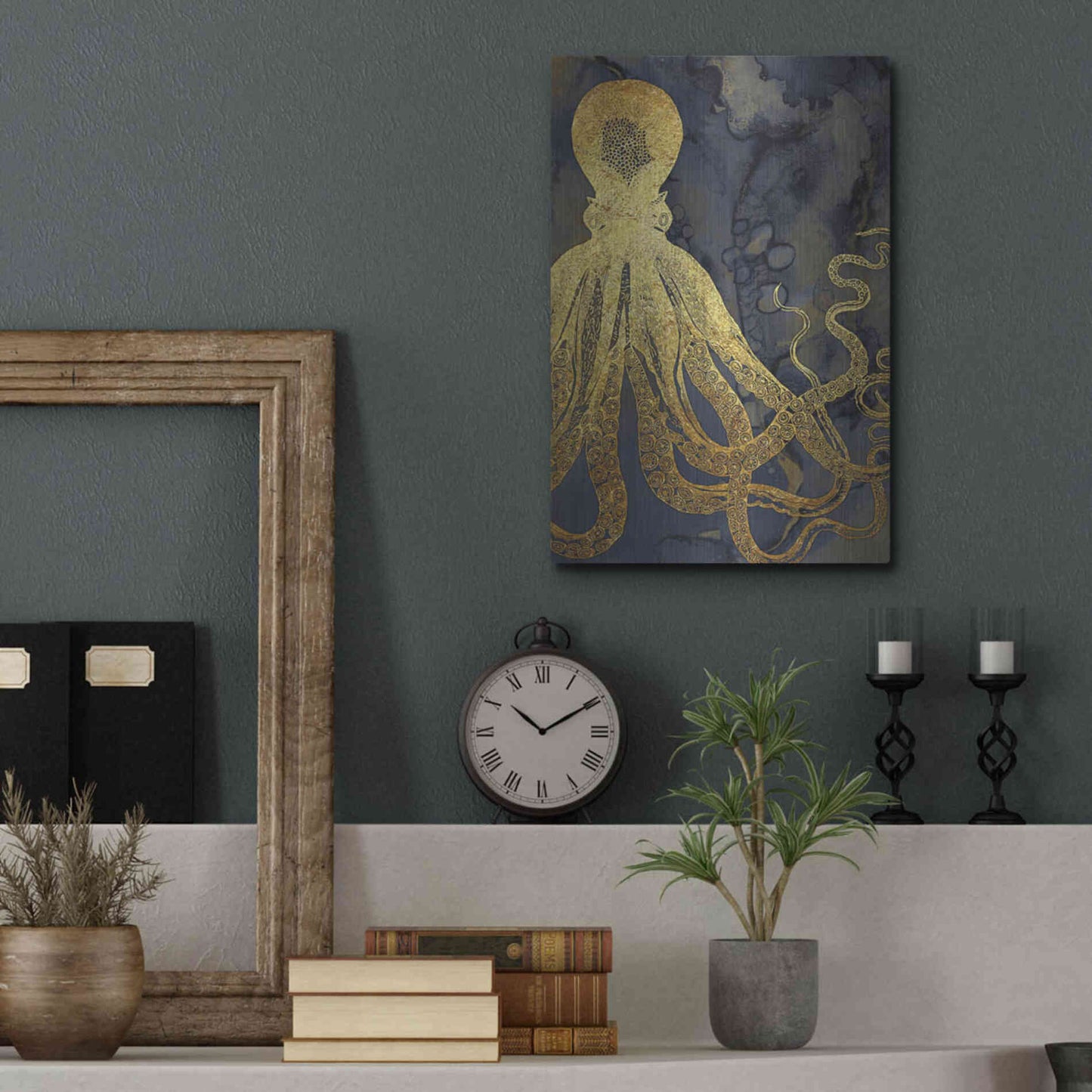 Luxe Metal Art 'Octopus Ink Gold & Blue I' by Christine Zalewski, Metal Wall Art,12x16
