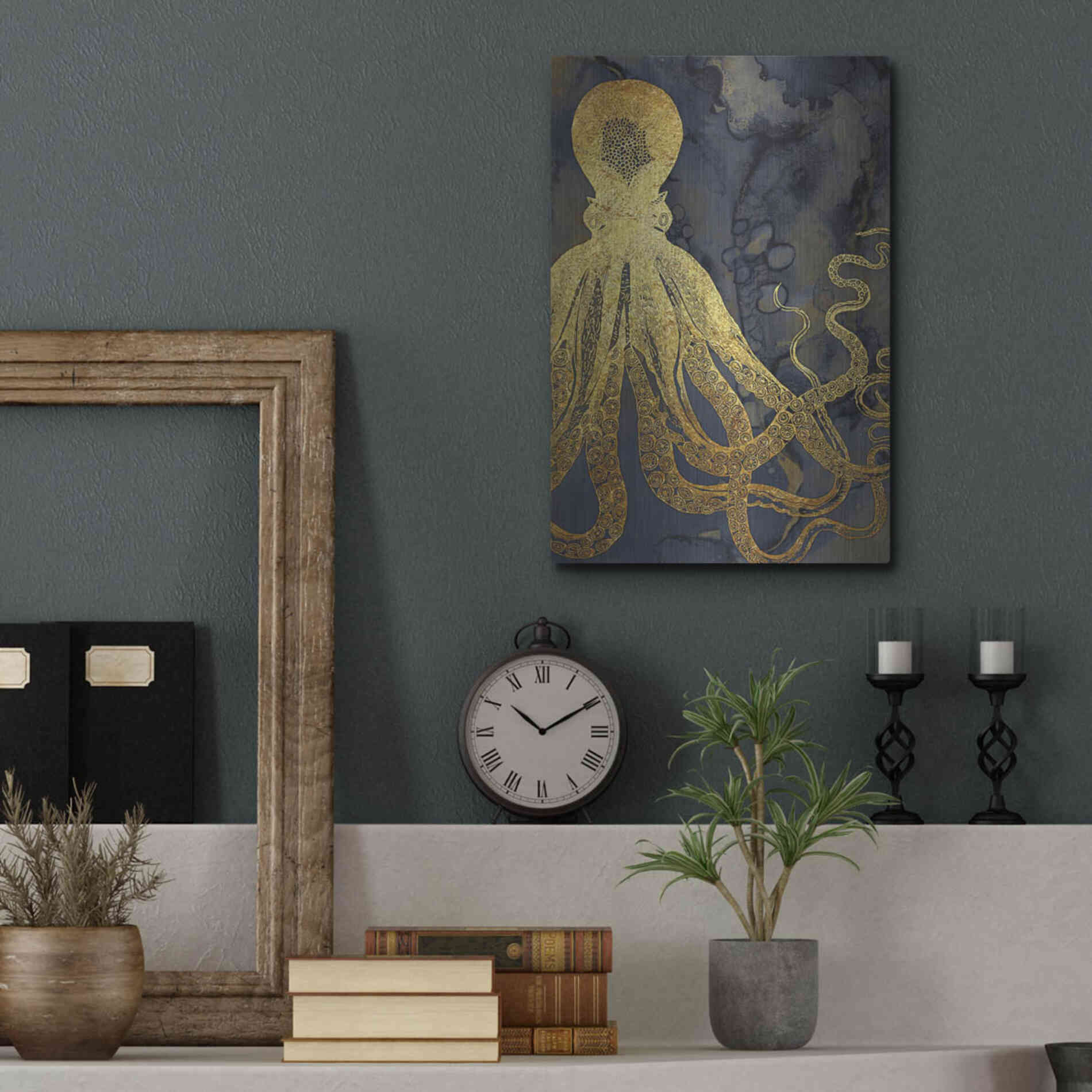 Luxe Metal Art 'Octopus Ink Gold & Blue I' by Christine Zalewski, Metal Wall Art,12x16