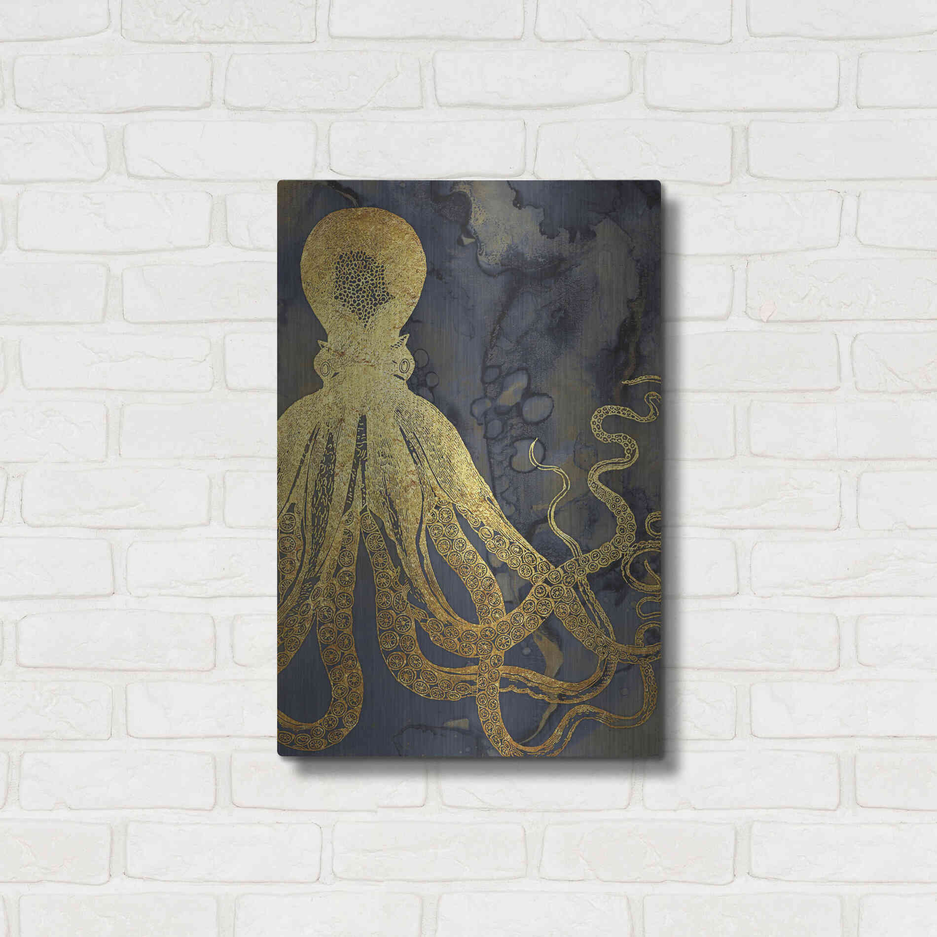 Luxe Metal Art 'Octopus Ink Gold & Blue I' by Christine Zalewski, Metal Wall Art,16x24